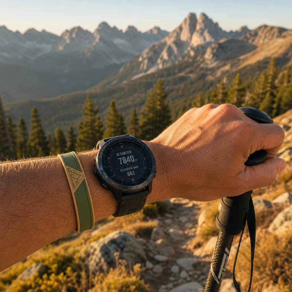 Hiker wrist wearing outdoor silicone wristband holding trekking pole on mountain ridge