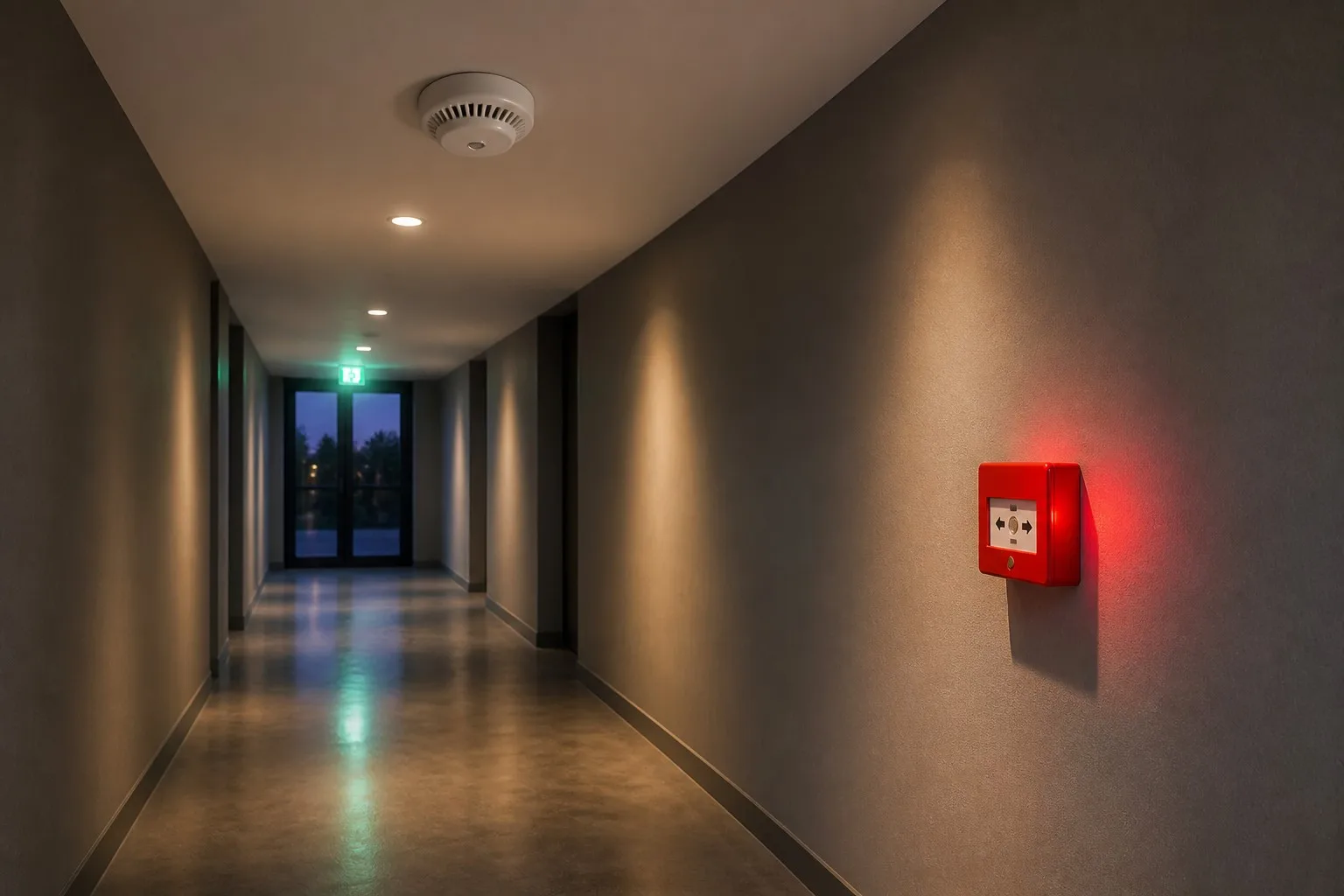 Fire alarm system in a modern commercial building — smoke detector, call point, emergency lighting