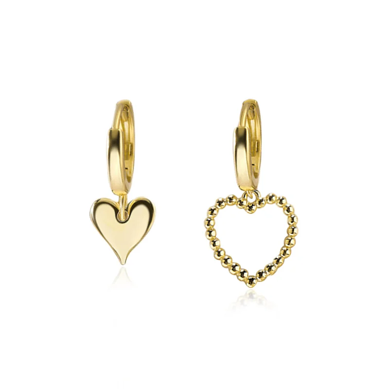 

Trendy Wholesale 925 Sterling Silver 18K Gold Plated Hollow Heart Soild Heart Asymmetrical Hoop Earrings