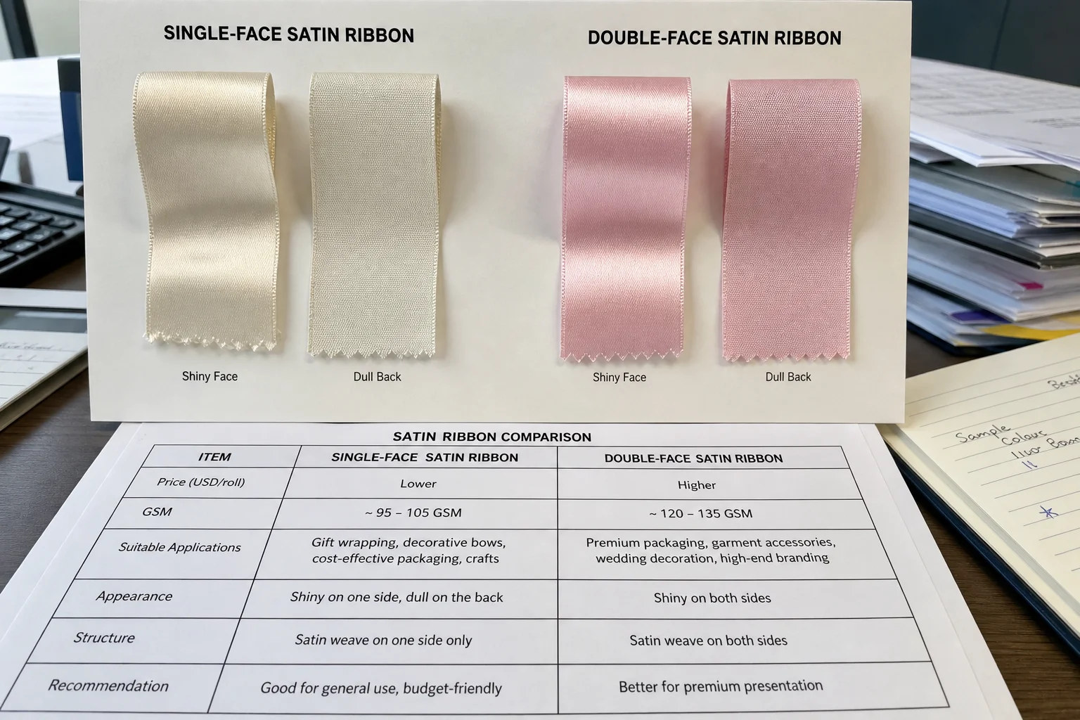 Procurement ribbon sample board comparing single-face and double-face satin swatches with specification table