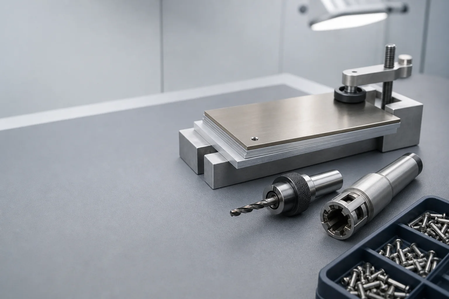 Aerospace assembly bench with a clamped titanium and aluminium sheet stack, a stub-length precision drill and a tray of close-tolerance fasteners