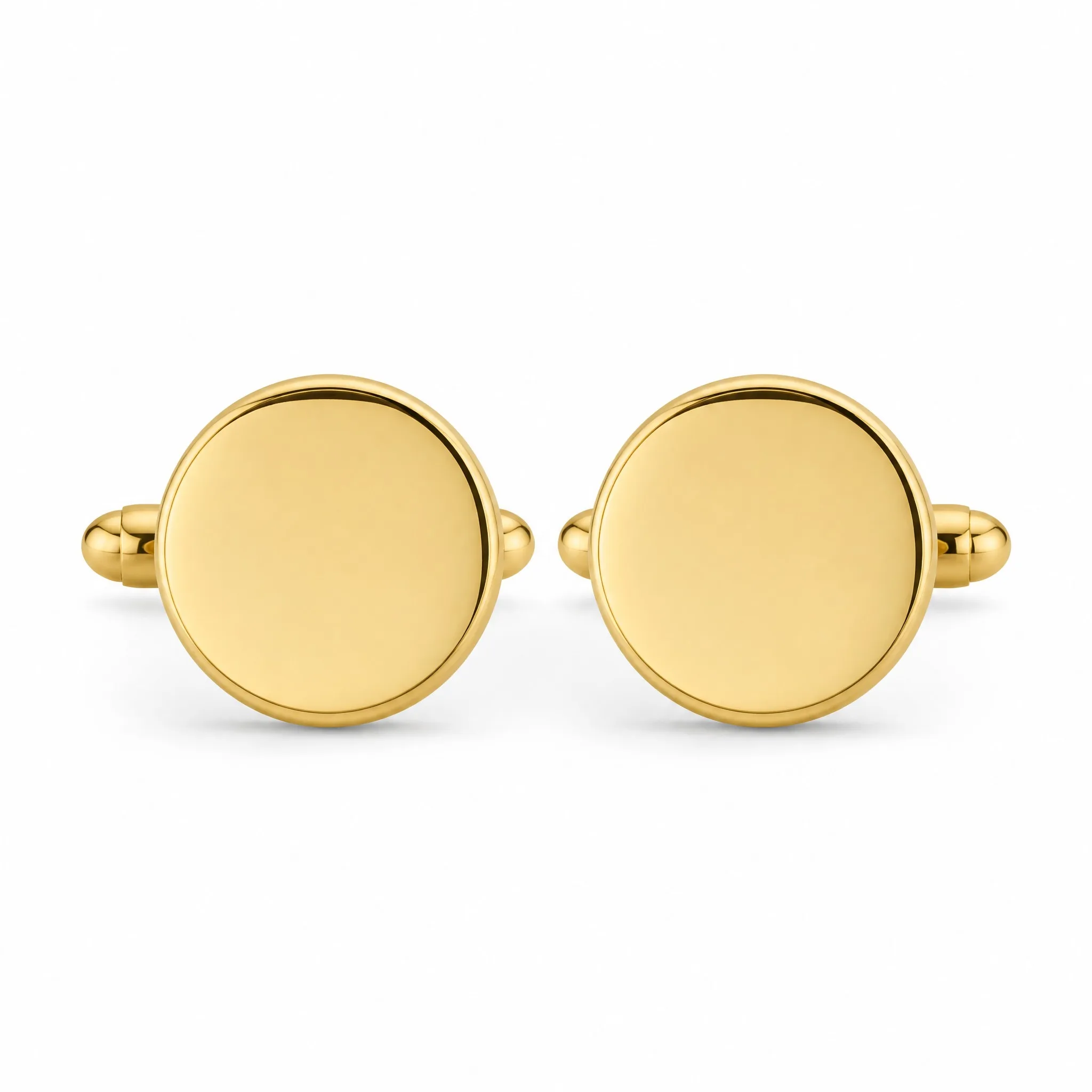 Mirror polished gold cufflinks round front view