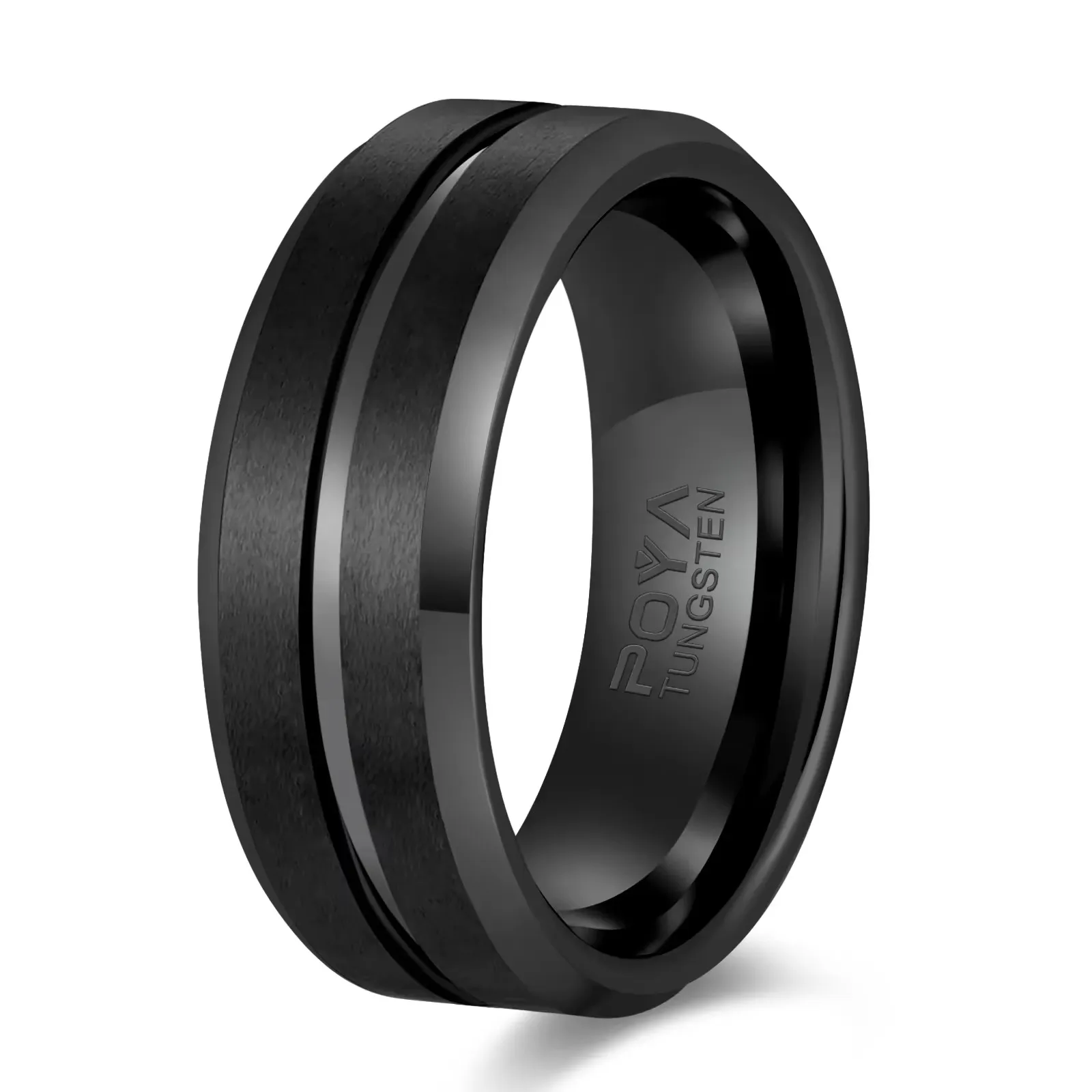 POYA Jewelry 8mm Tungsten Carbide Wedding Band Ring Black Plated Beveled Vintage Style Engagement Gift
