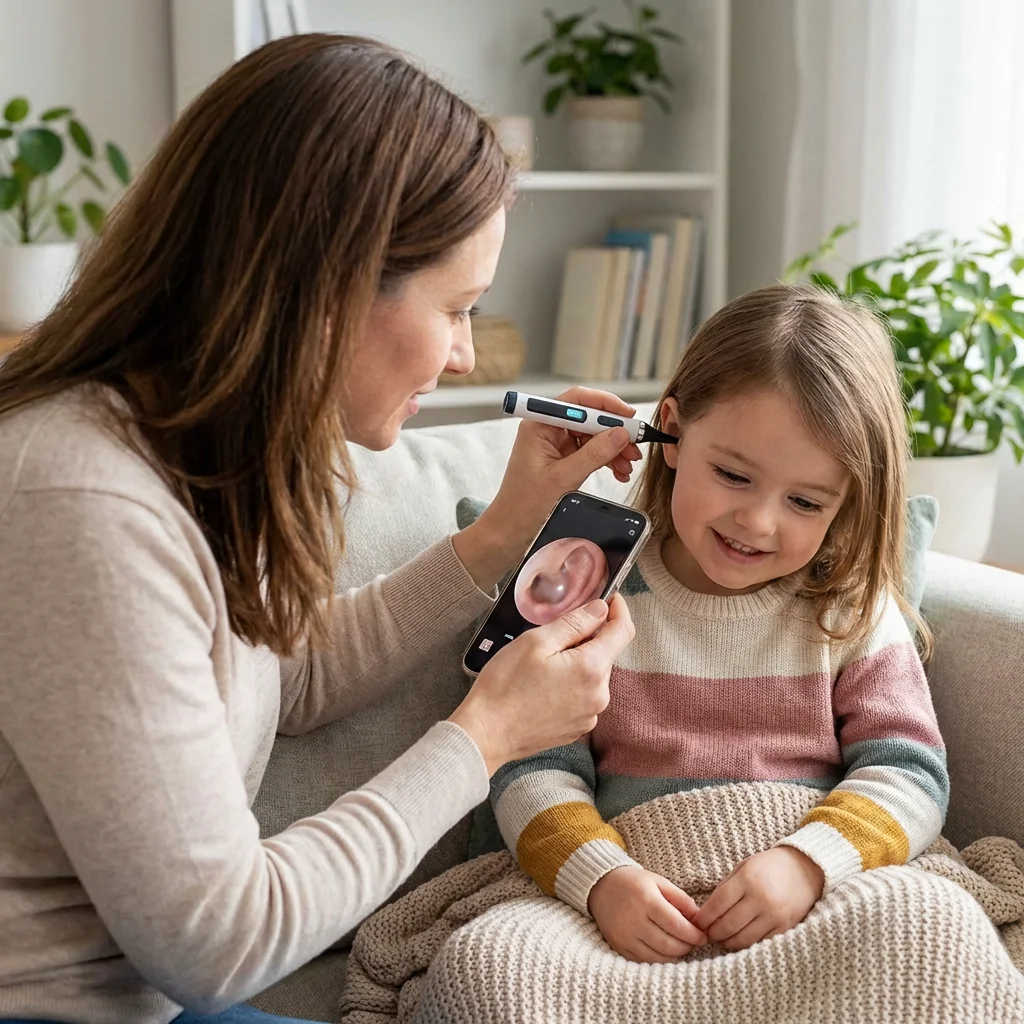 Parent checking child's ear