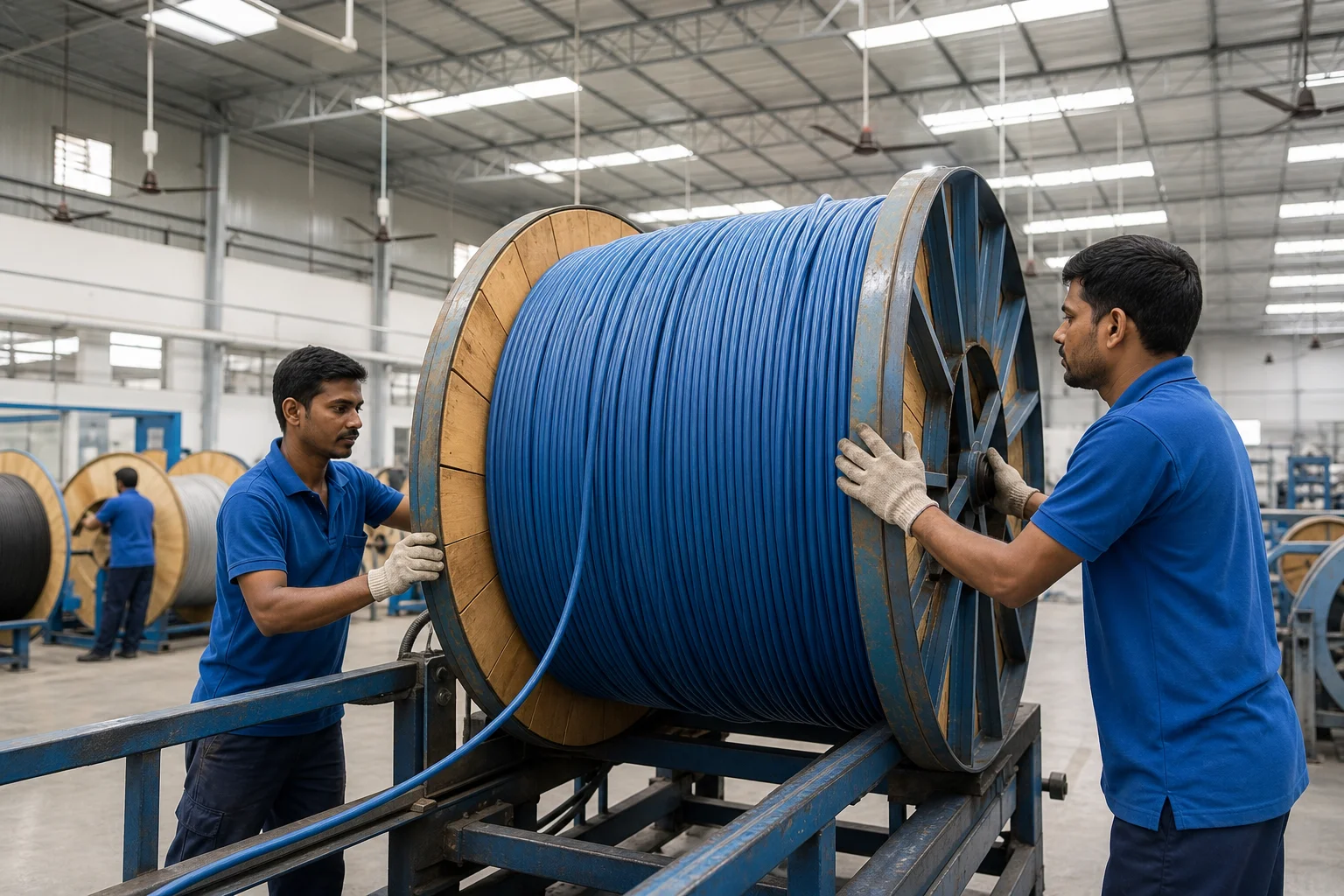 Indian cable factory workers handling a large ethernet cable spool