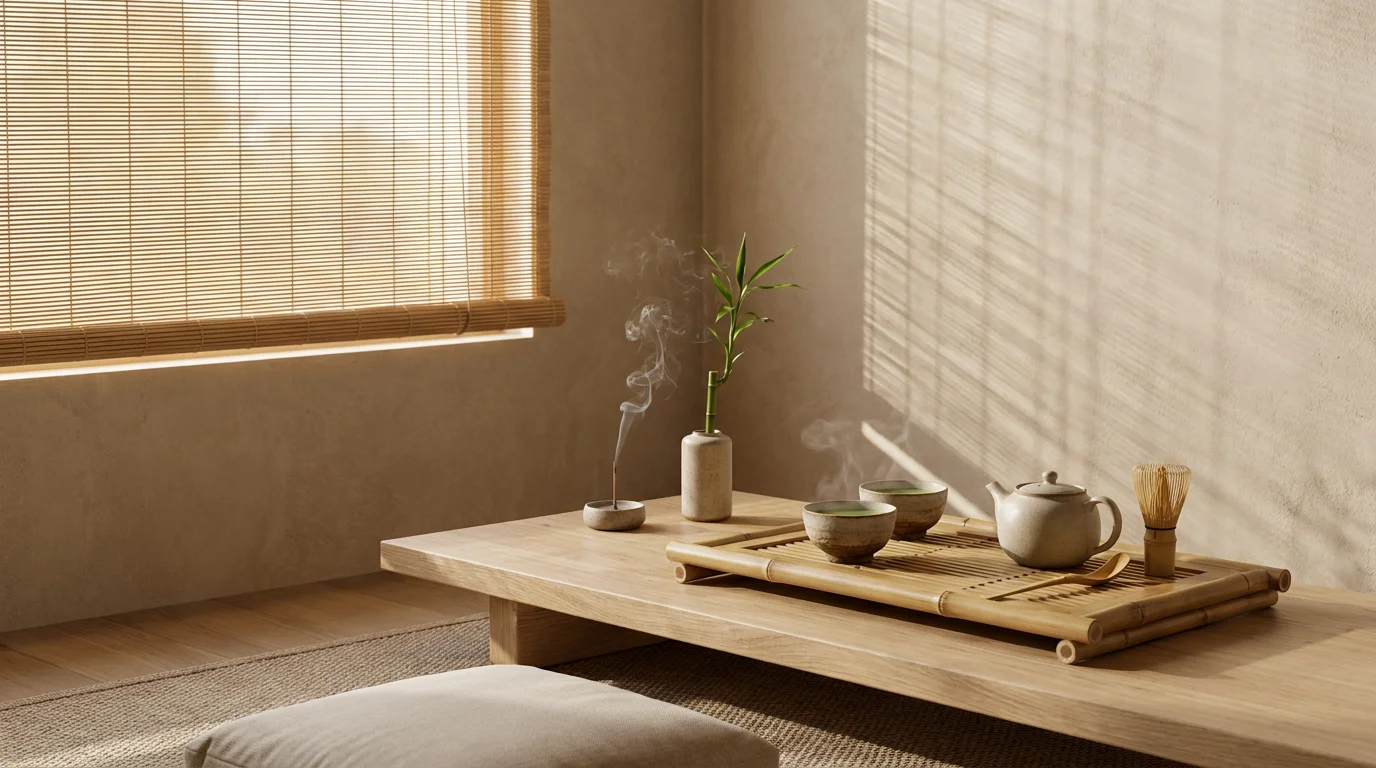 A peaceful Zen meditation tea corner featuring a handcrafted bamboo tea set and tray by DFMYTH