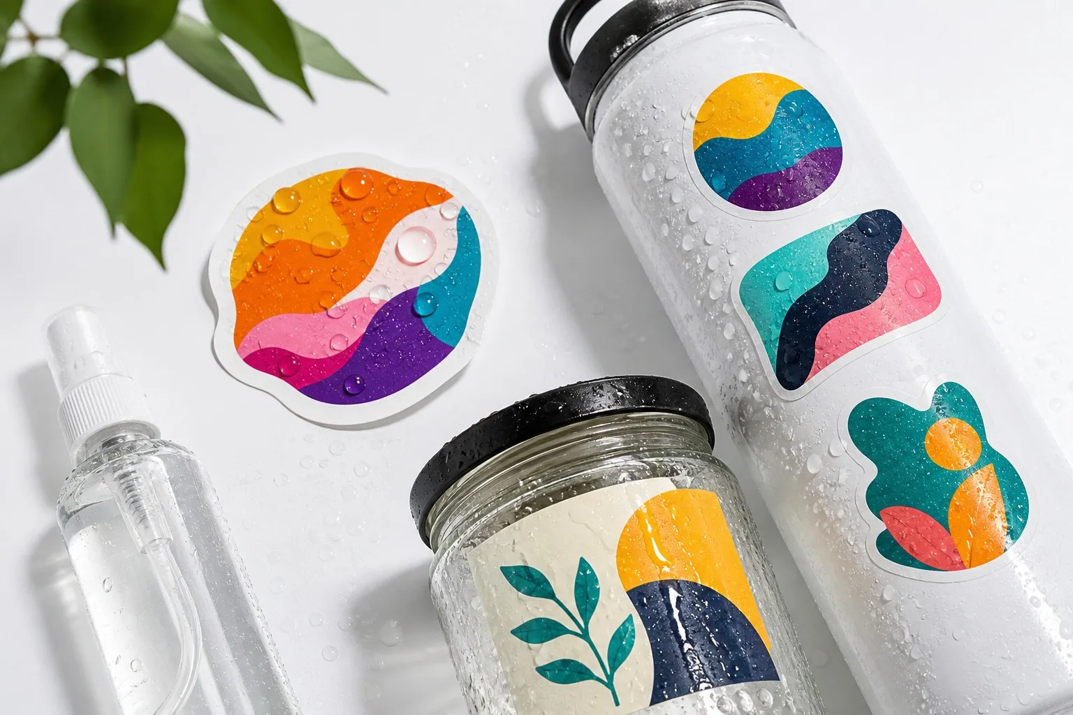 Waterproof sticker with water droplets beading on vinyl surface