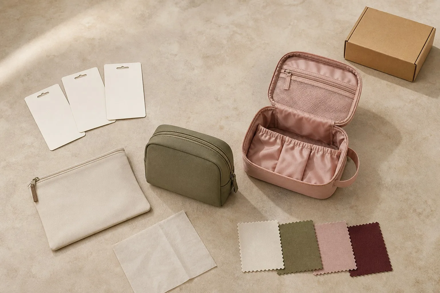 Unbranded cosmetic bag assortment with color swatches and blank presentation cards for promotional planning