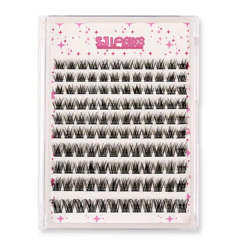 Printed segment lash card in a clear plastic case, pink star print with ten rows of glue free lash segments and the brand mark at the top - custom segment lash cards