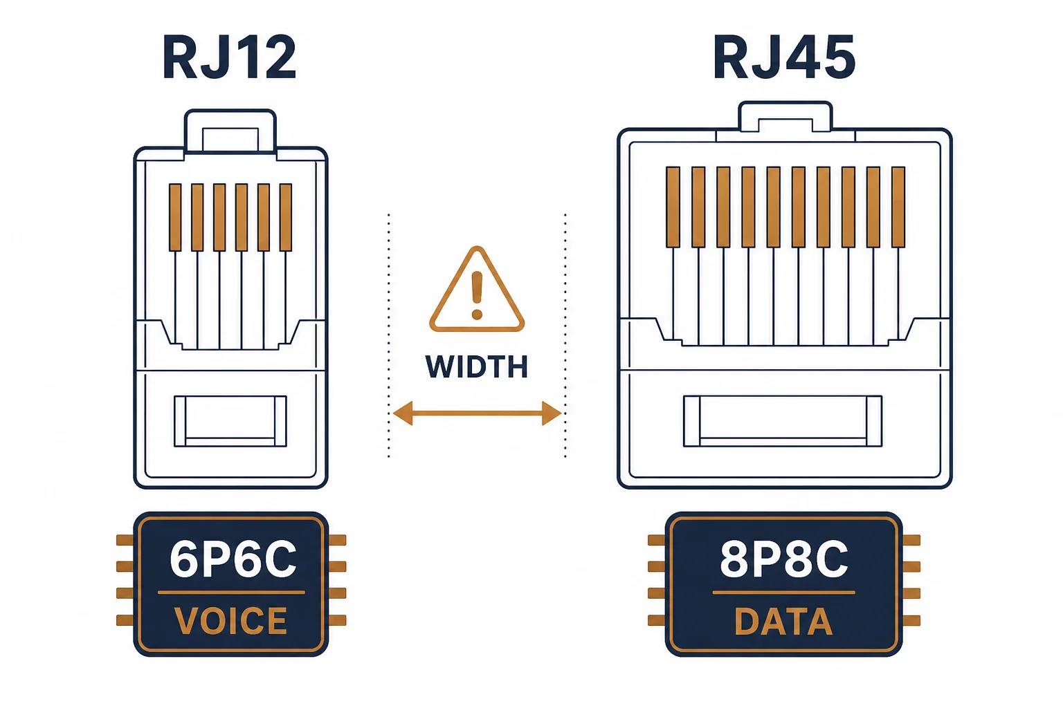 RJ12 six-position plug beside an RJ45 eight-position plug with width warning