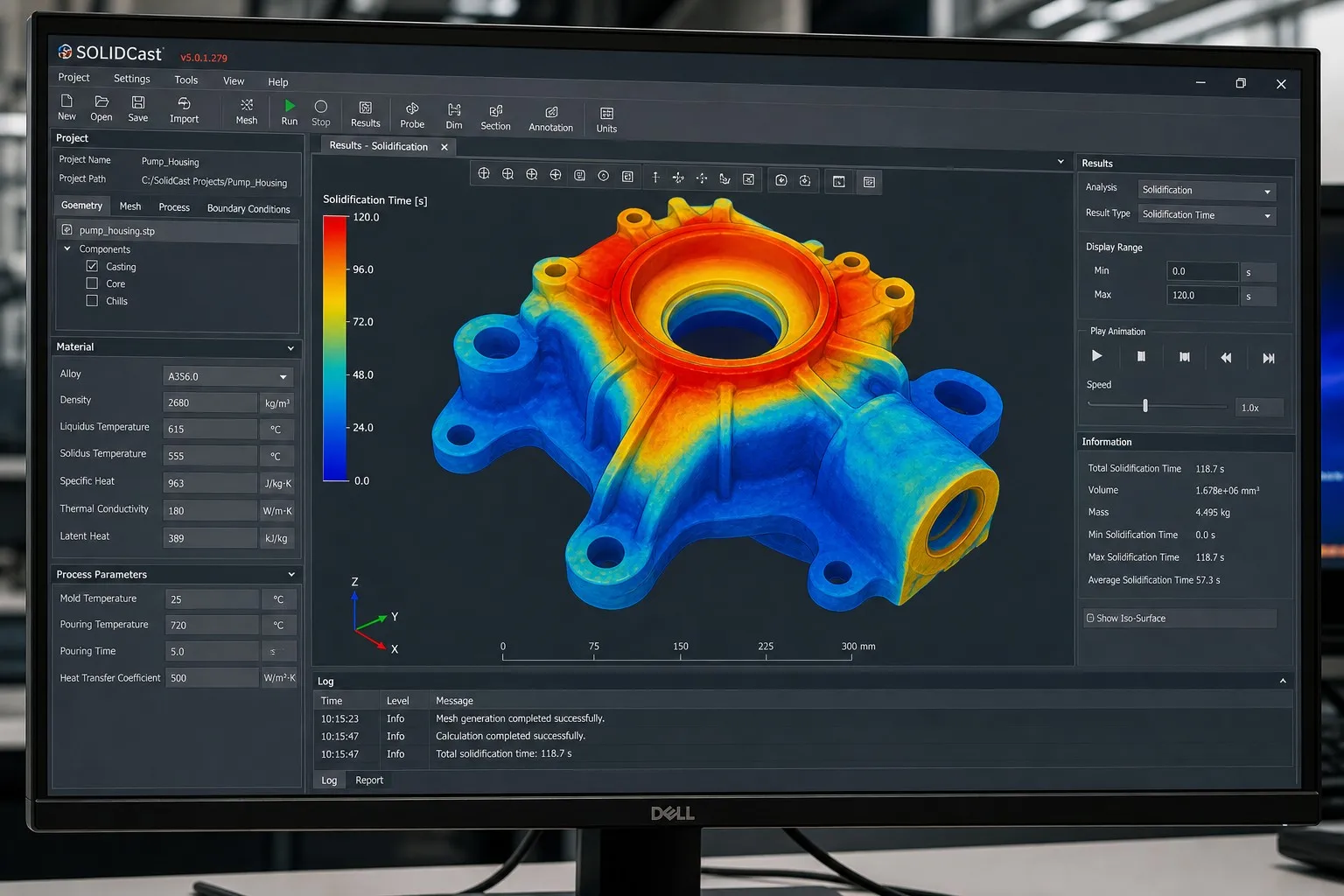 Casting simulation software showing solidification analysis color map on monitor