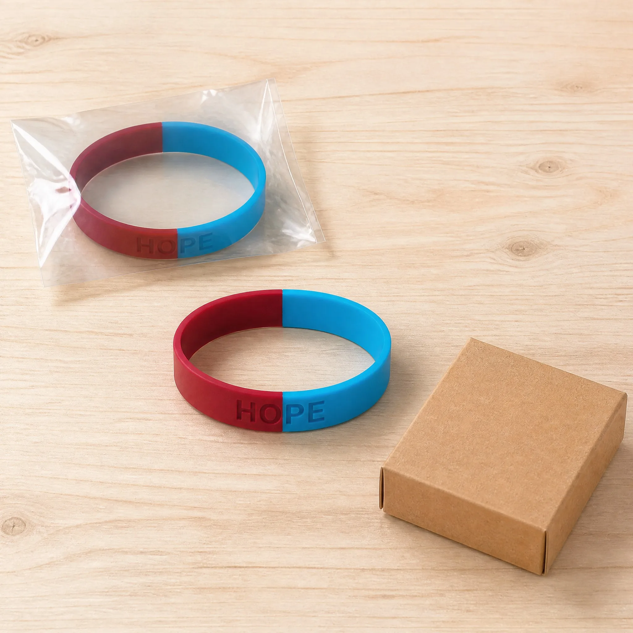 Two-tone silicone bracelet in OPP pouch and kraft box packaging