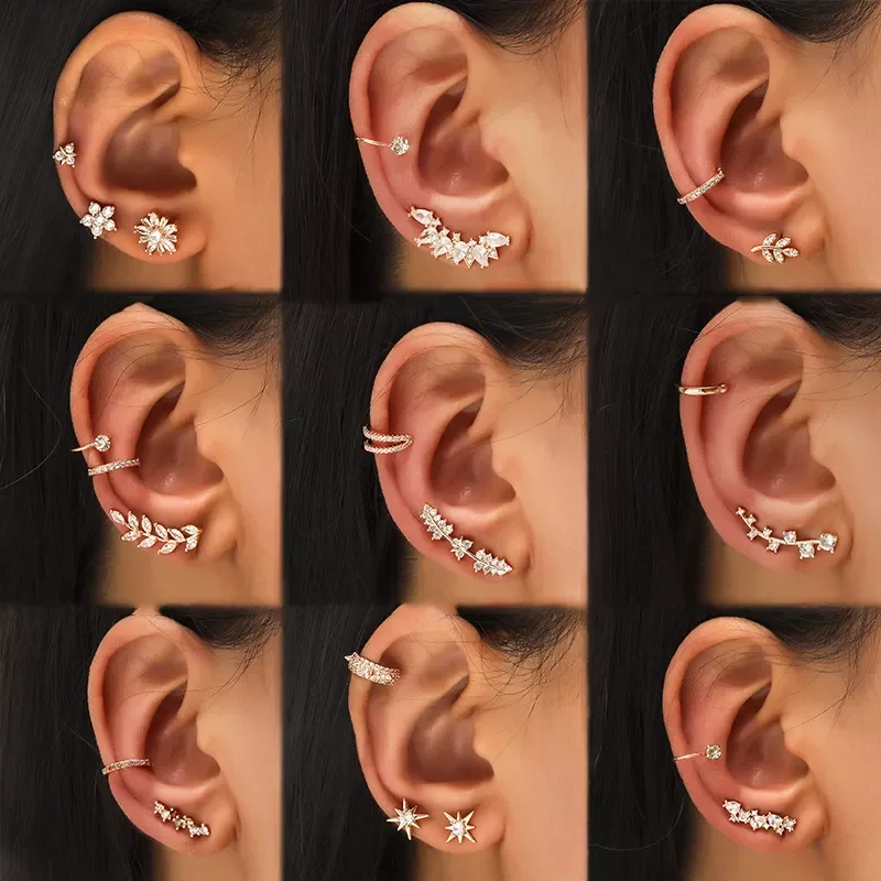 

Boucles D'oreilles De Luxe Aretes Flowers Leaves Crystal Rhinestone Women Wrap Cartilage Stud Clip Climber Ear Cuff Earrings Set
