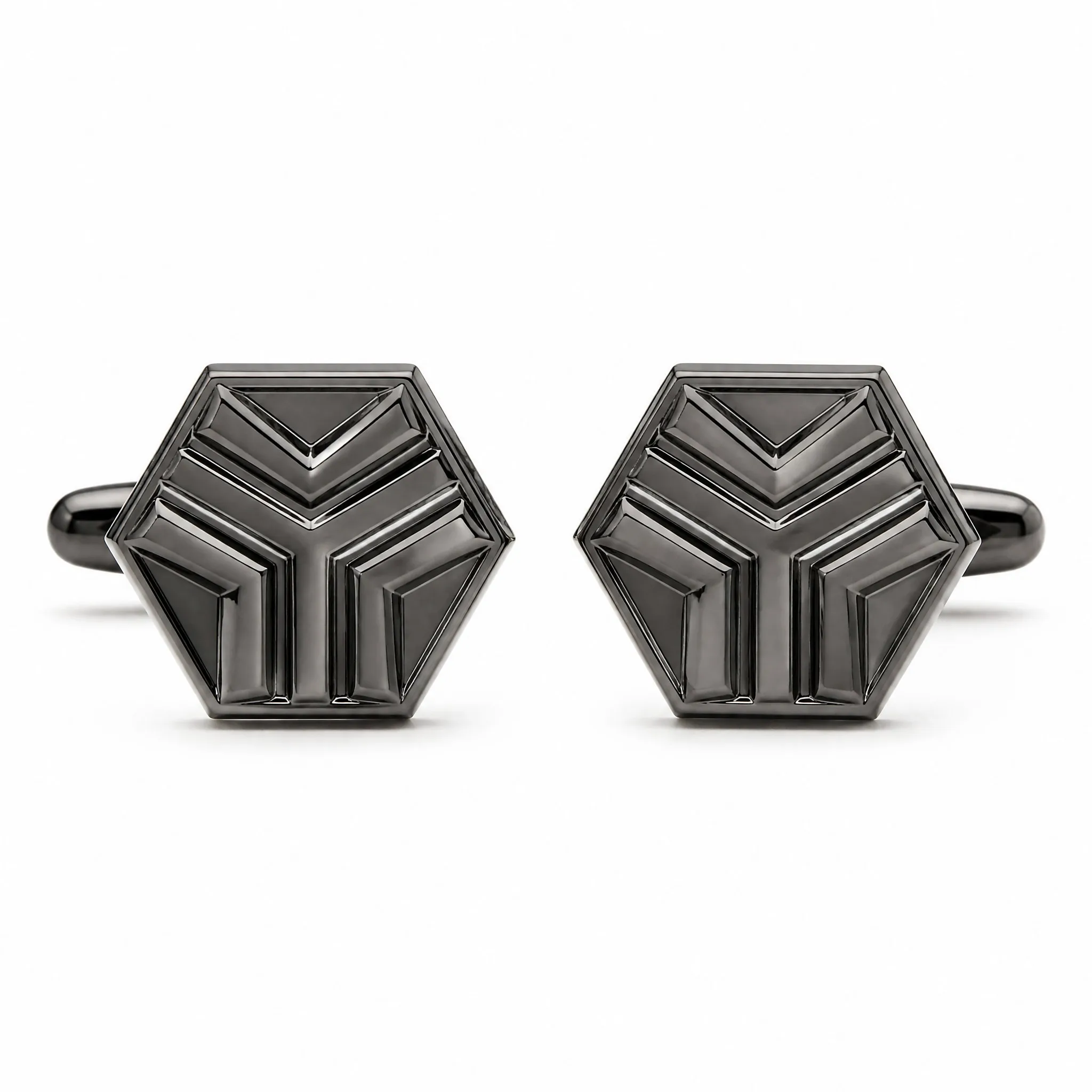 Die cast cufflinks hexagonal gunmetal front view