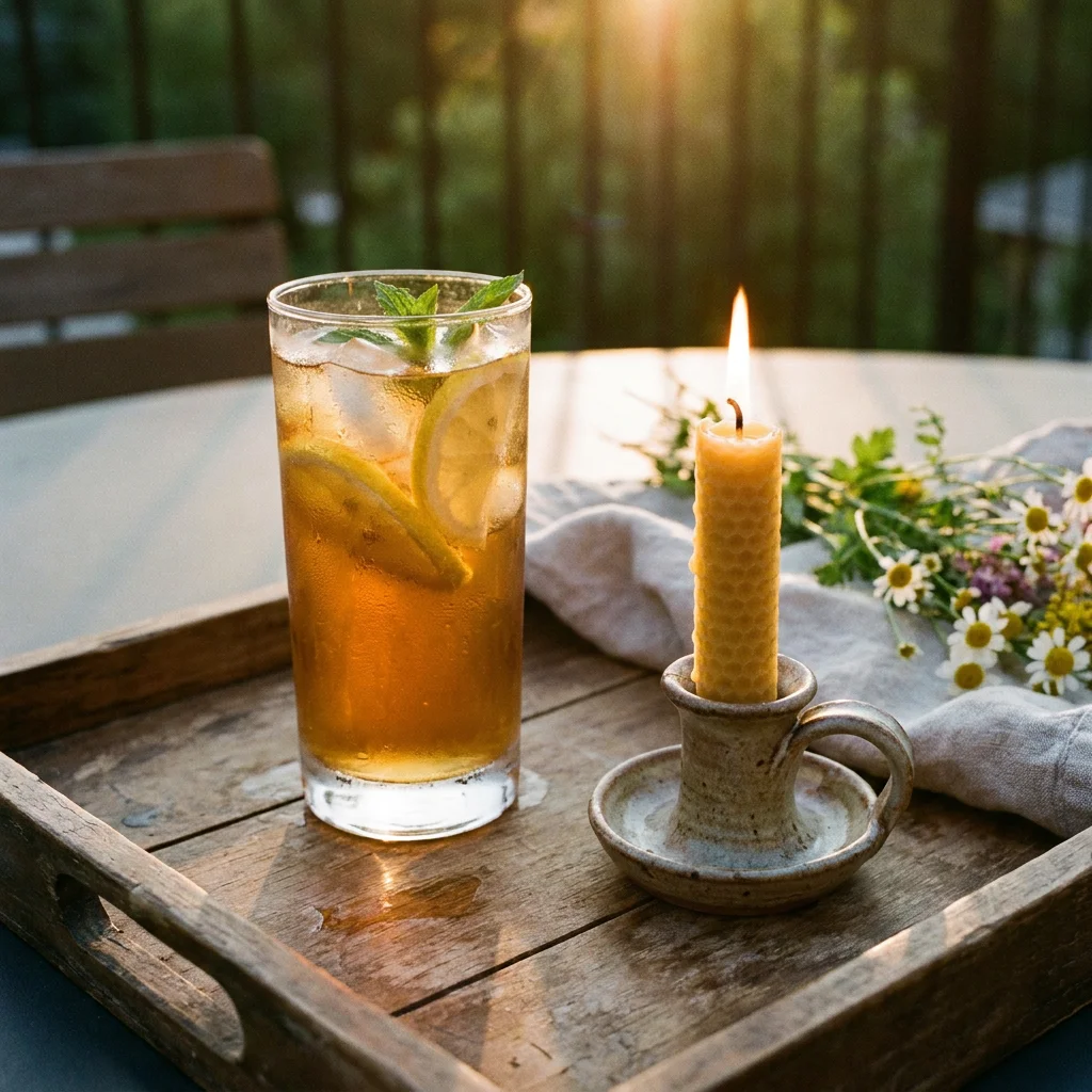 Verre de thé glacé rafraîchissant à côté d'une bougie allumée sur un plateau en bois