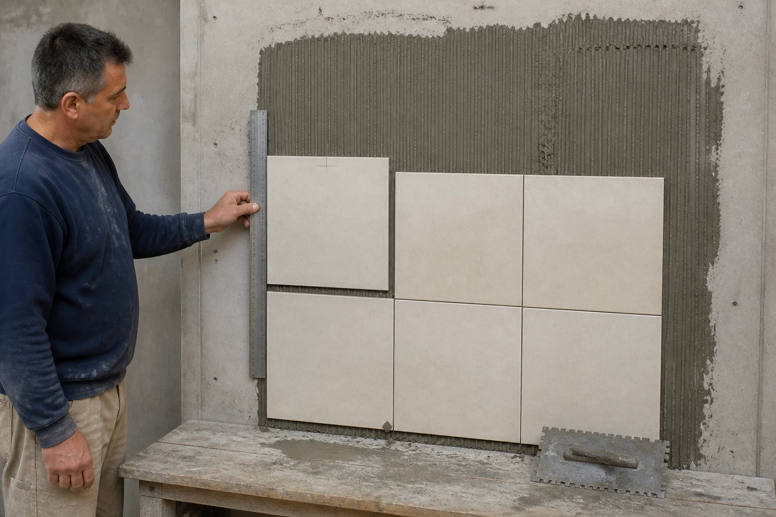 Defining tile adhesive sag during vertical application Measuring tile adhesive vertical slip on a wall test panel