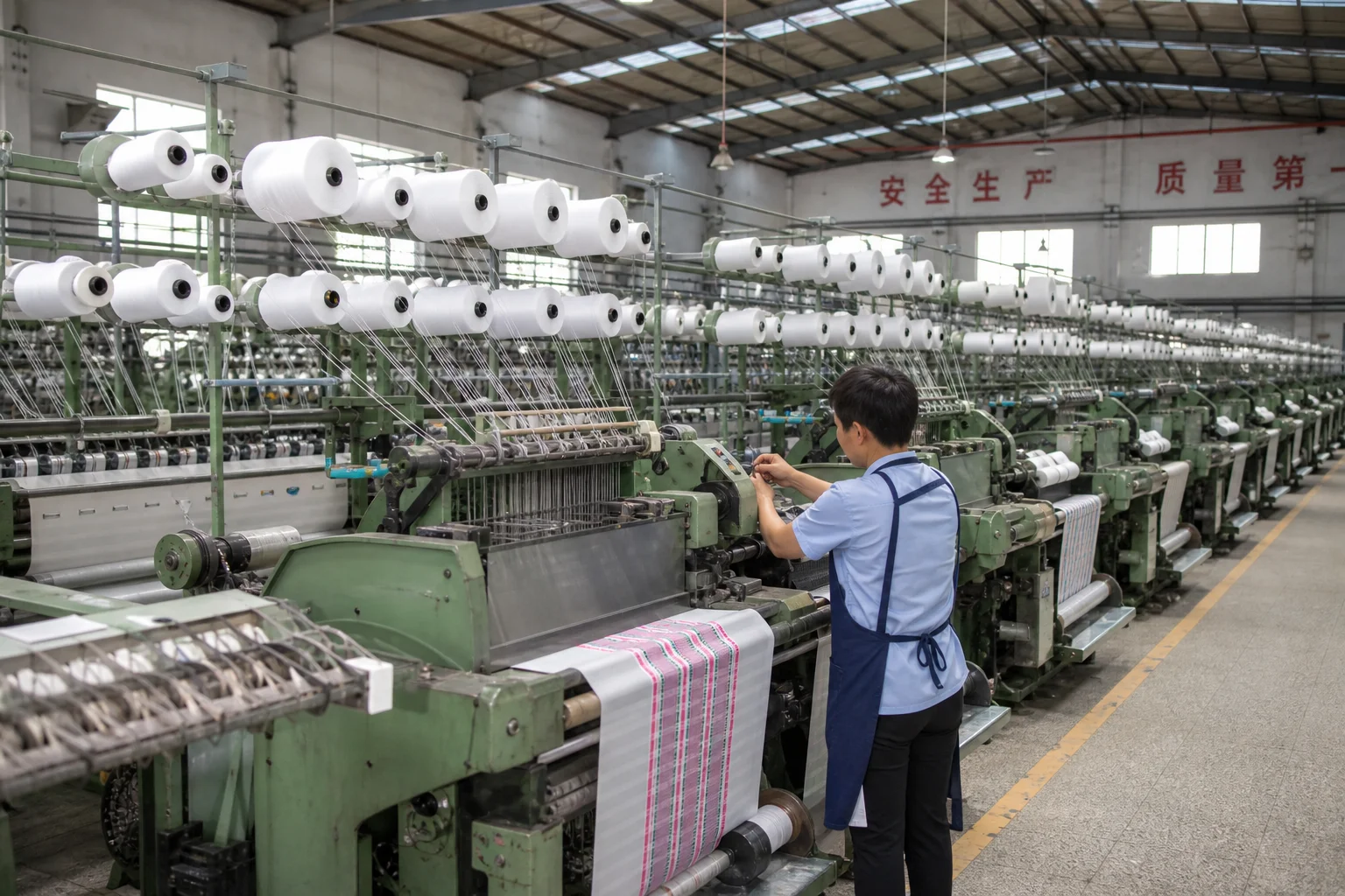 Authentic ribbon manufacturing factory floor with multiple looms running and yarn creel frames — distinguishing factory from trading company