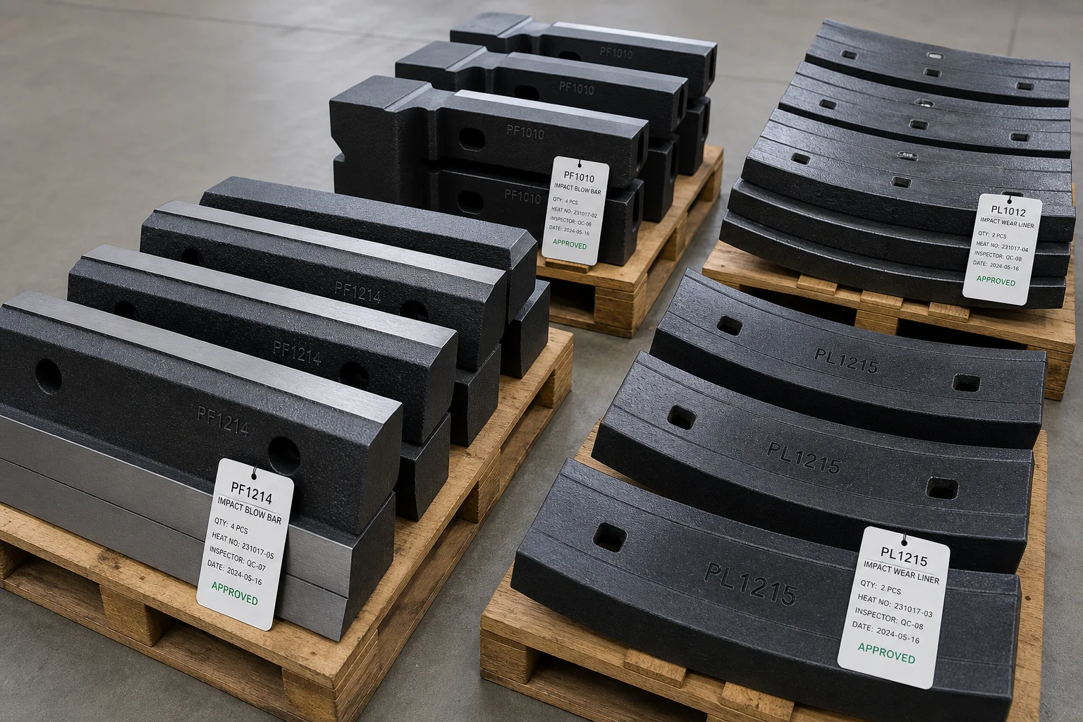 Finished impact crusher blow bars and wear liners on skids in quality warehouse