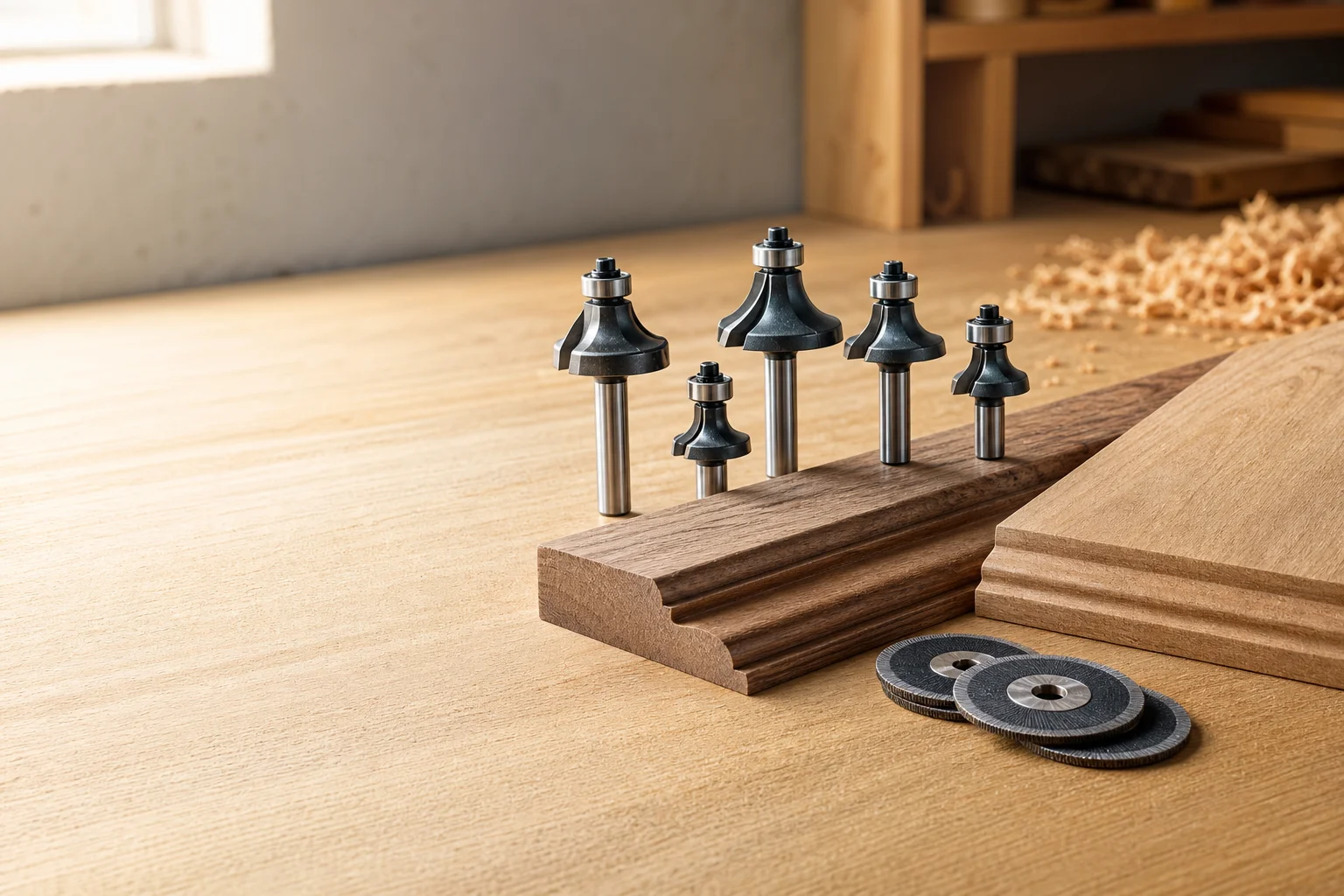 Workshop bench with bearing-guided router bits standing on a routed hardwood moulding beside mini cutting discs