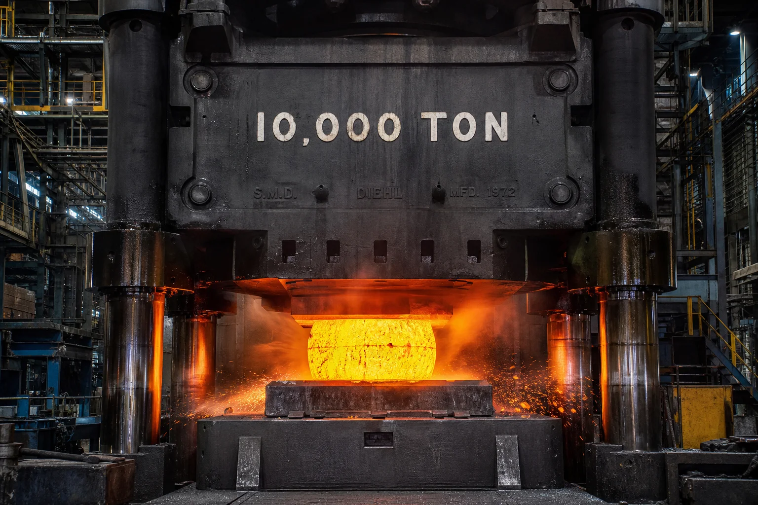 Massive 10000-ton industrial hydraulic open-die forging press pressing glowing red steel ingot