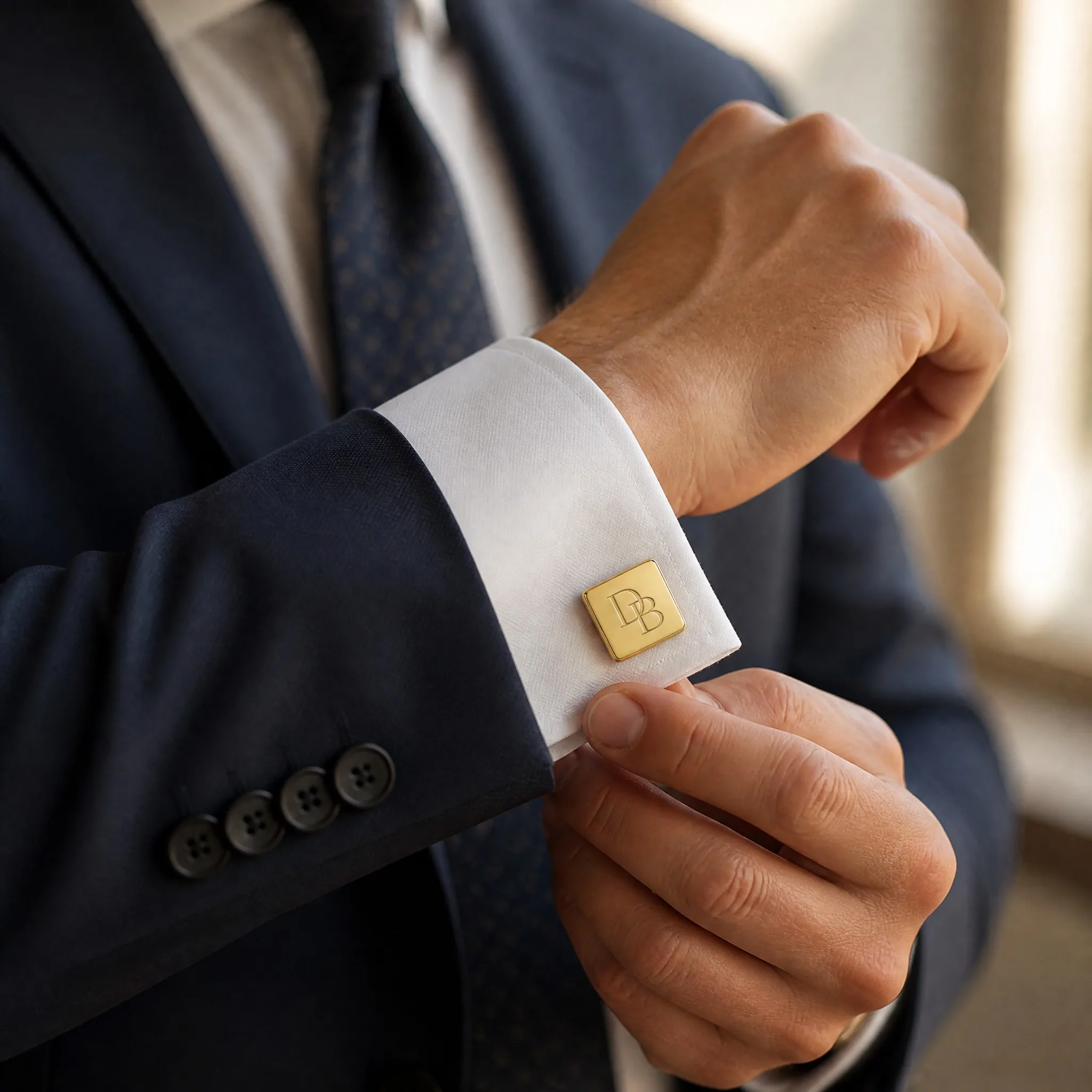Gold engraved cufflinks worn on white dress shirt cuff