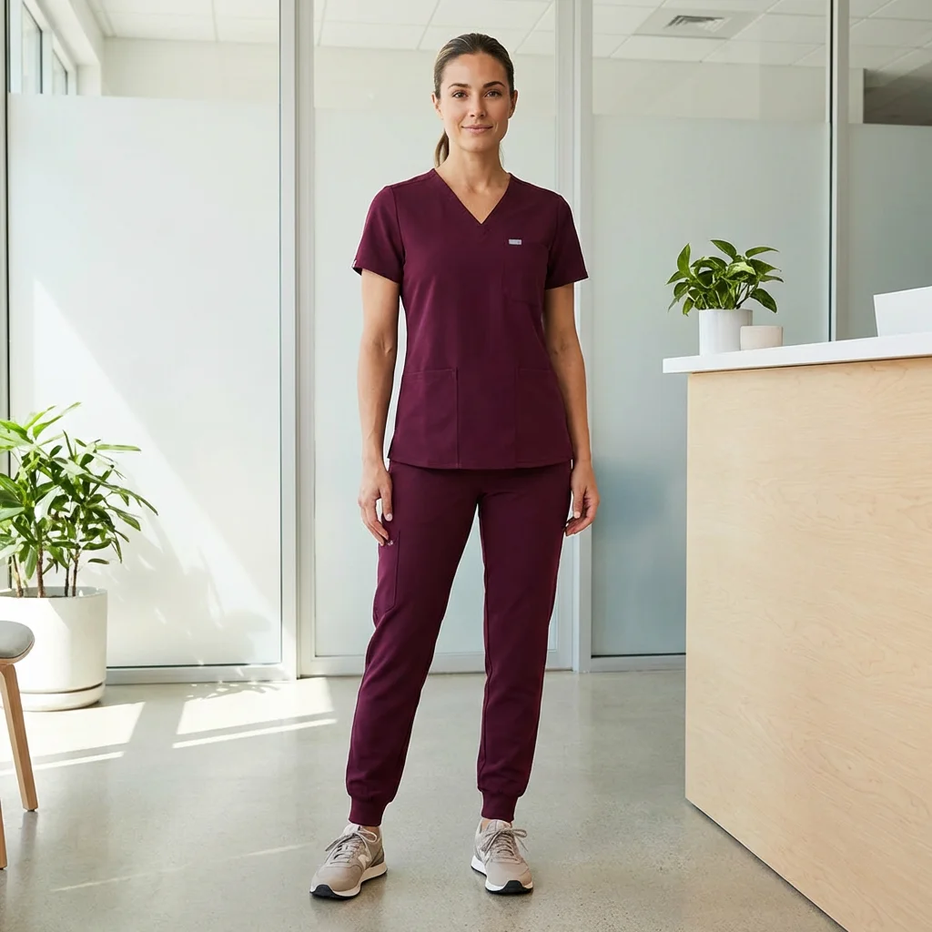 Female model in Burgundy Scrub Set