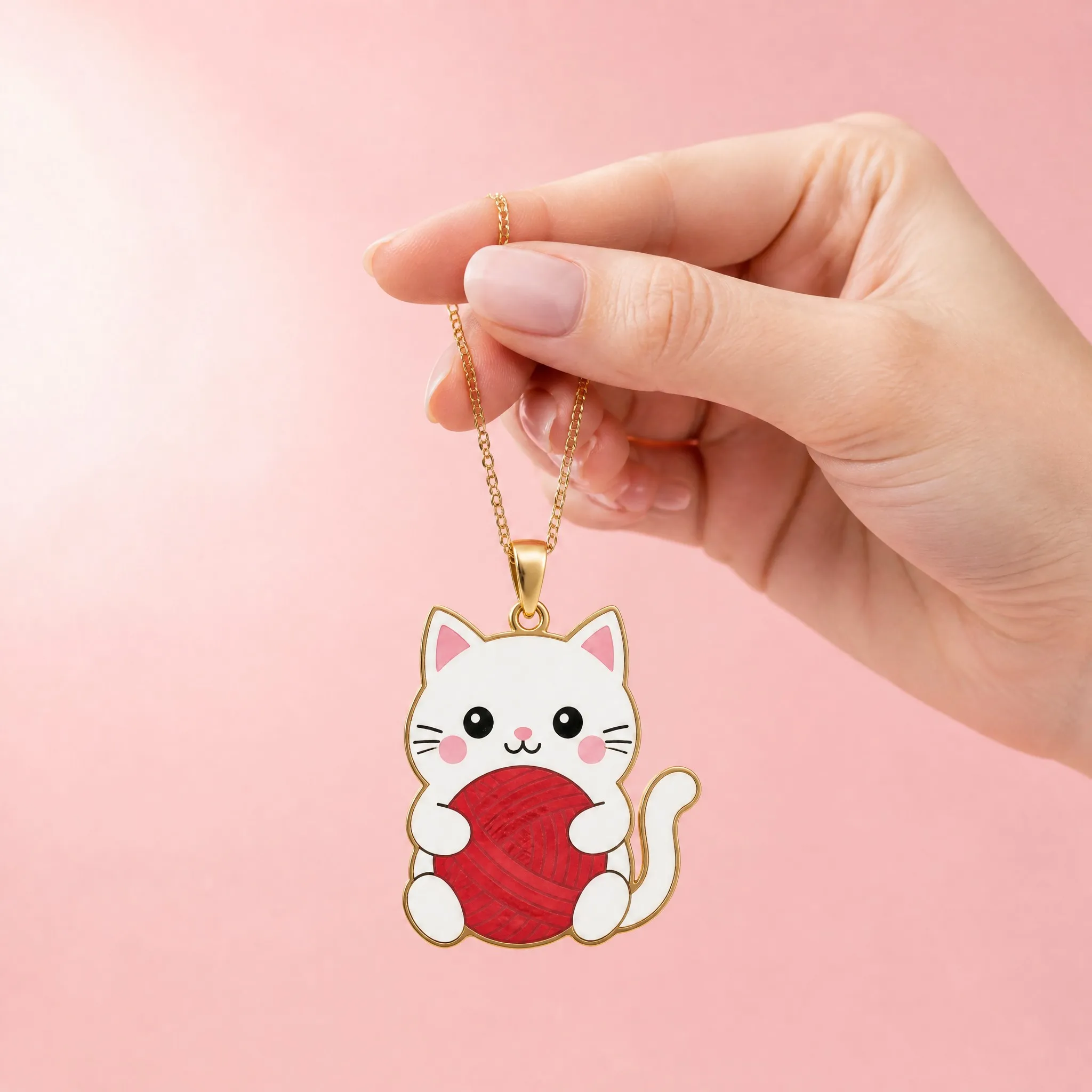 Hand holding the cat pendant necklace with pink background