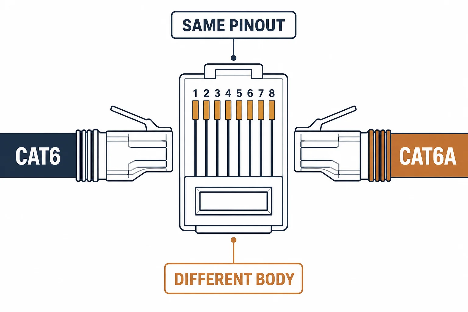 RJ45 connector compatibility diagram for Cat6 and Cat6a cable