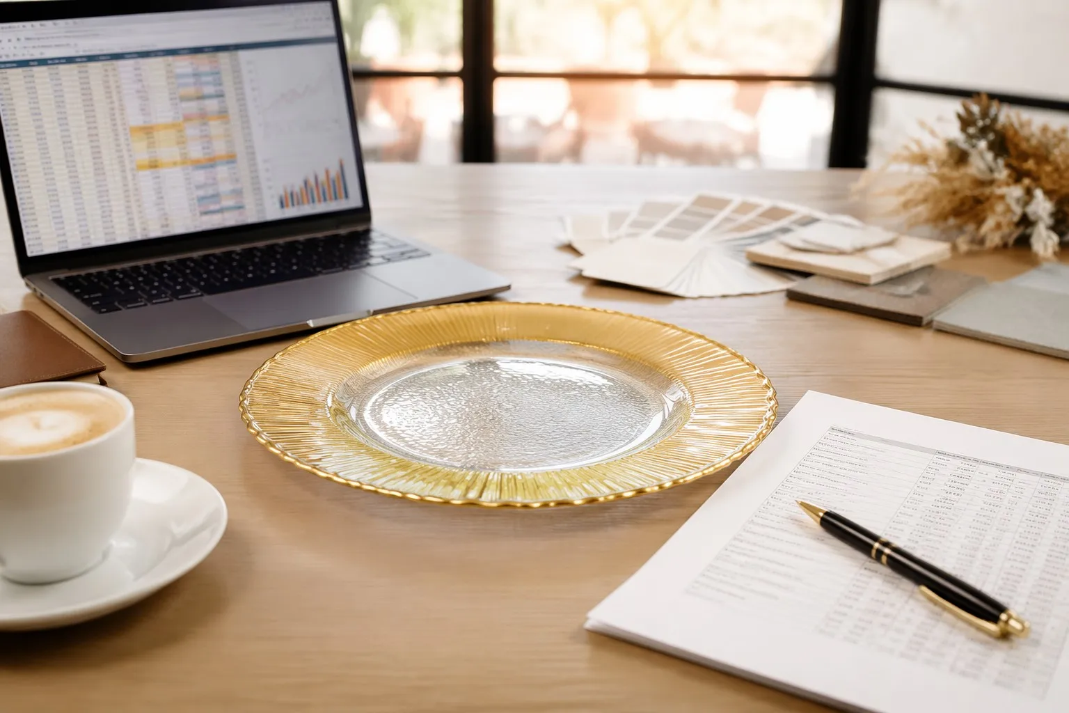 Professional desk with charger plate sample and order documents for MOQ negotiation