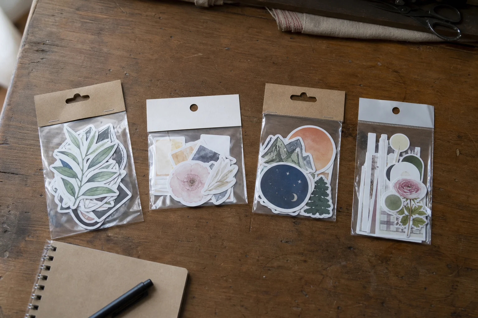 Four different sticker pack packaging styles laid out side by side