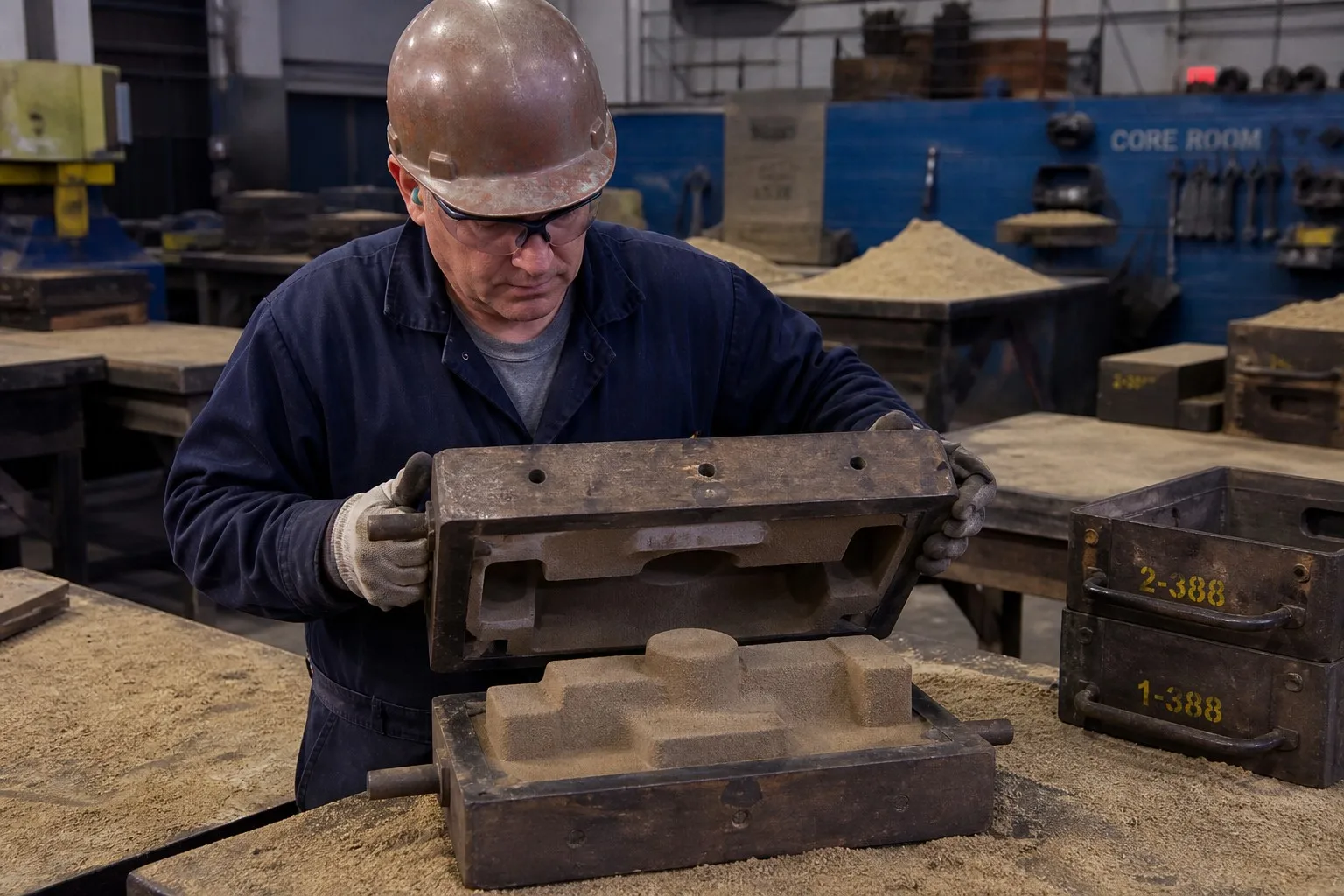 Foundry worker opening core box revealing freshly formed sand core