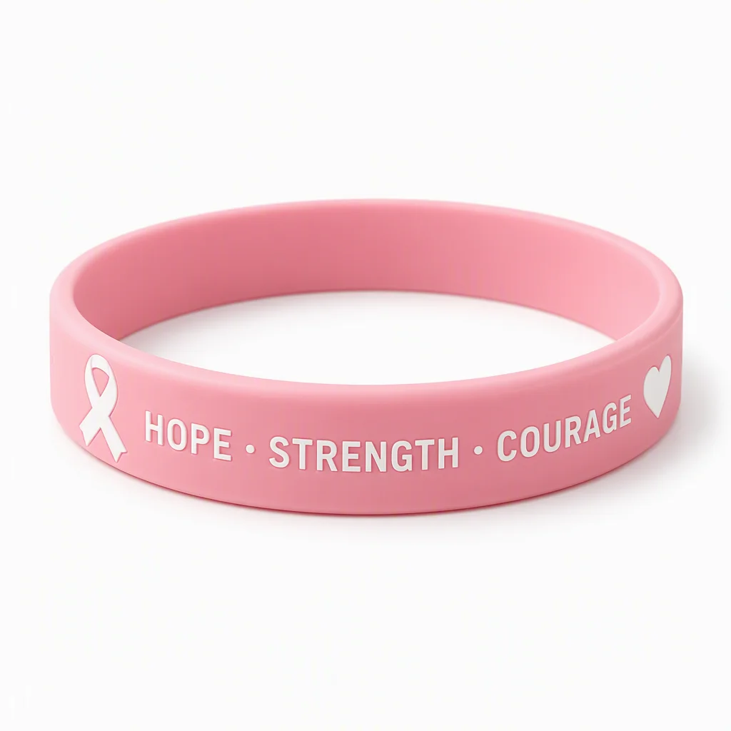 Custom pink ribbon charity silicone wristband hero white background