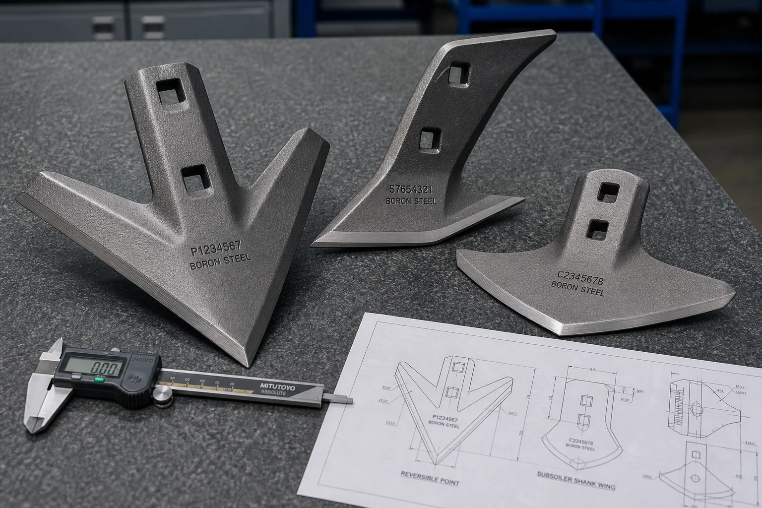 Precision-cast boron steel agricultural plow points and cultivator sweeps on inspection bench