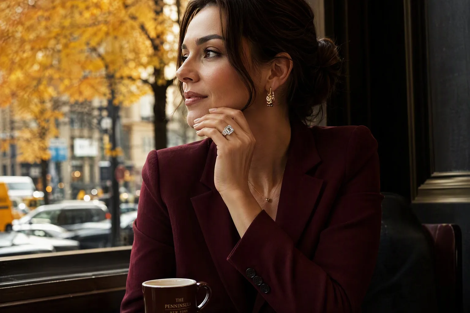 Elegant woman wearing a 3-carat emerald-cut lab-grown diamond ring in an autumn cafe