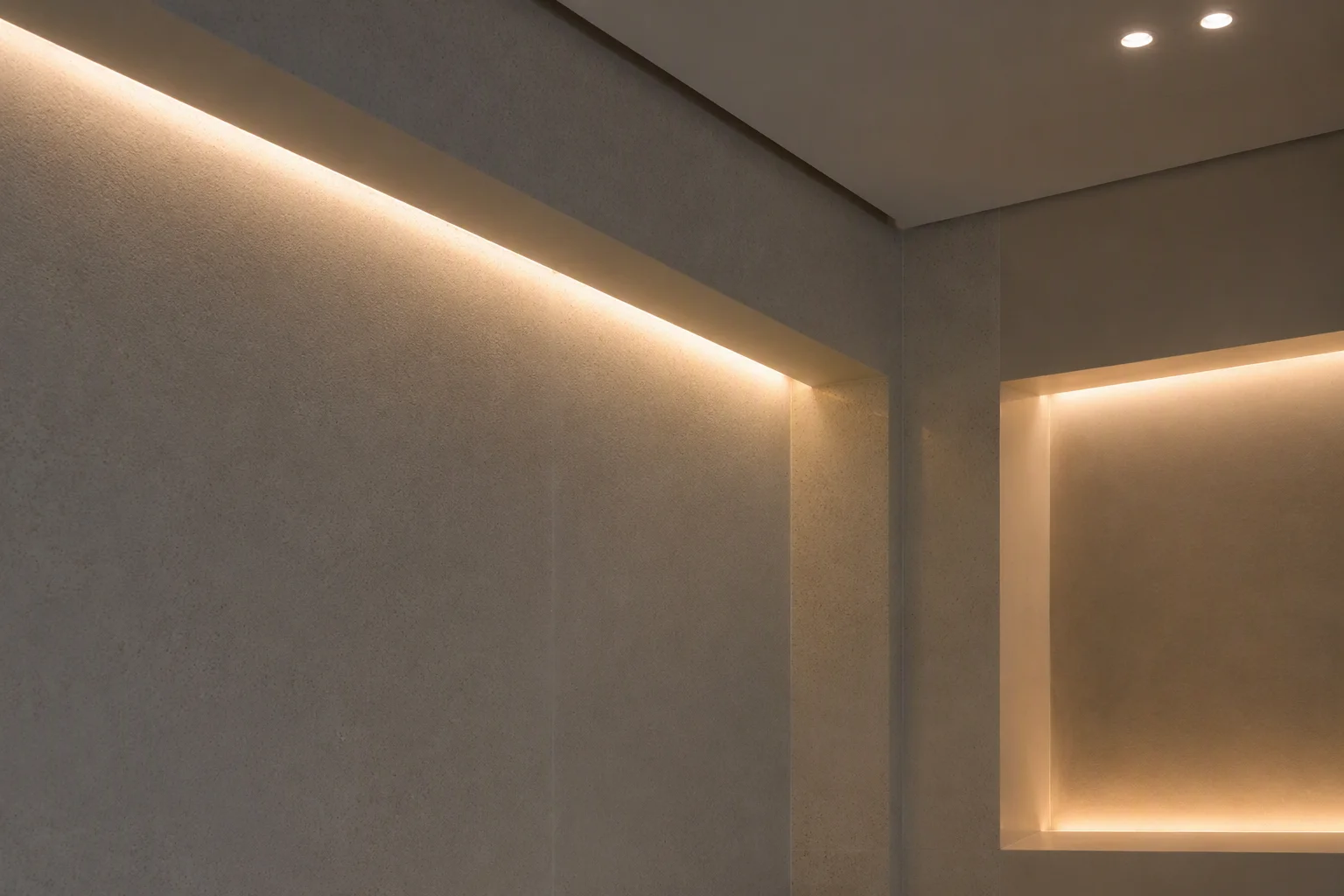 Recessed architectural cove and wall niche using cut-anywhere COB LED strips