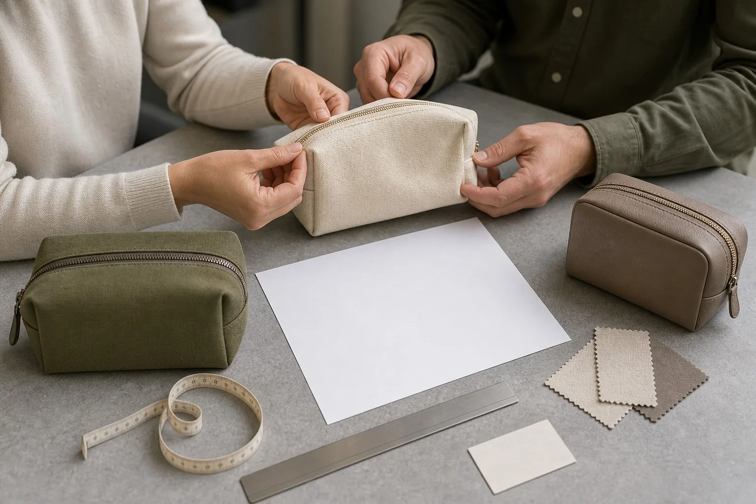 Buyer and product developer checking cosmetic bag samples with measuring tools