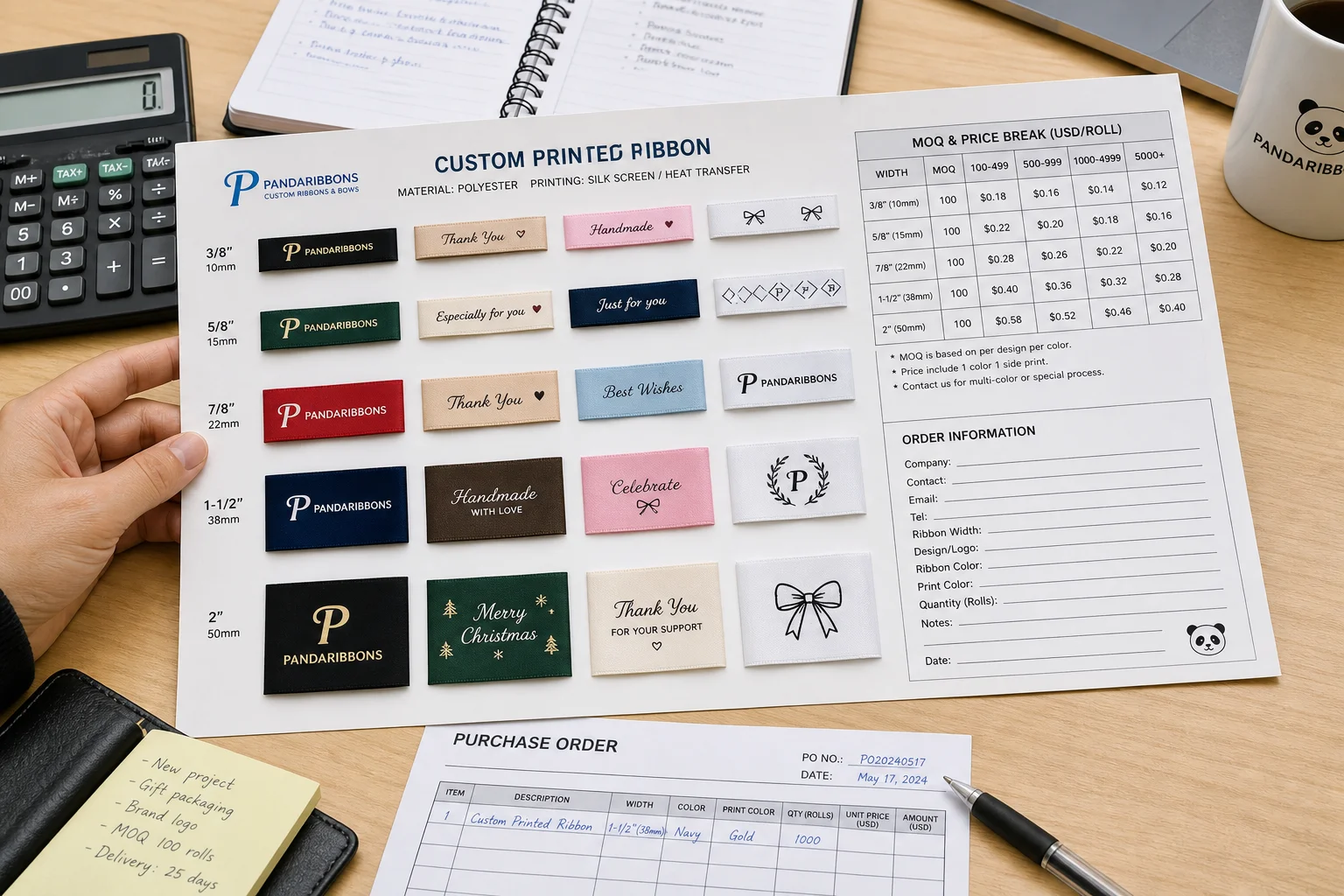 Documentary B2B sourcing photo ribbon sample card spread buyer desk showing multiple colour width options custom printed ribbon small sample swatches printed ribbon company logos repeat patterns custom text arranged grid alongside printed MOQ table showing quantity tiers calculator order form beside samples natural office light procurement planning context realistic business sourcing scene