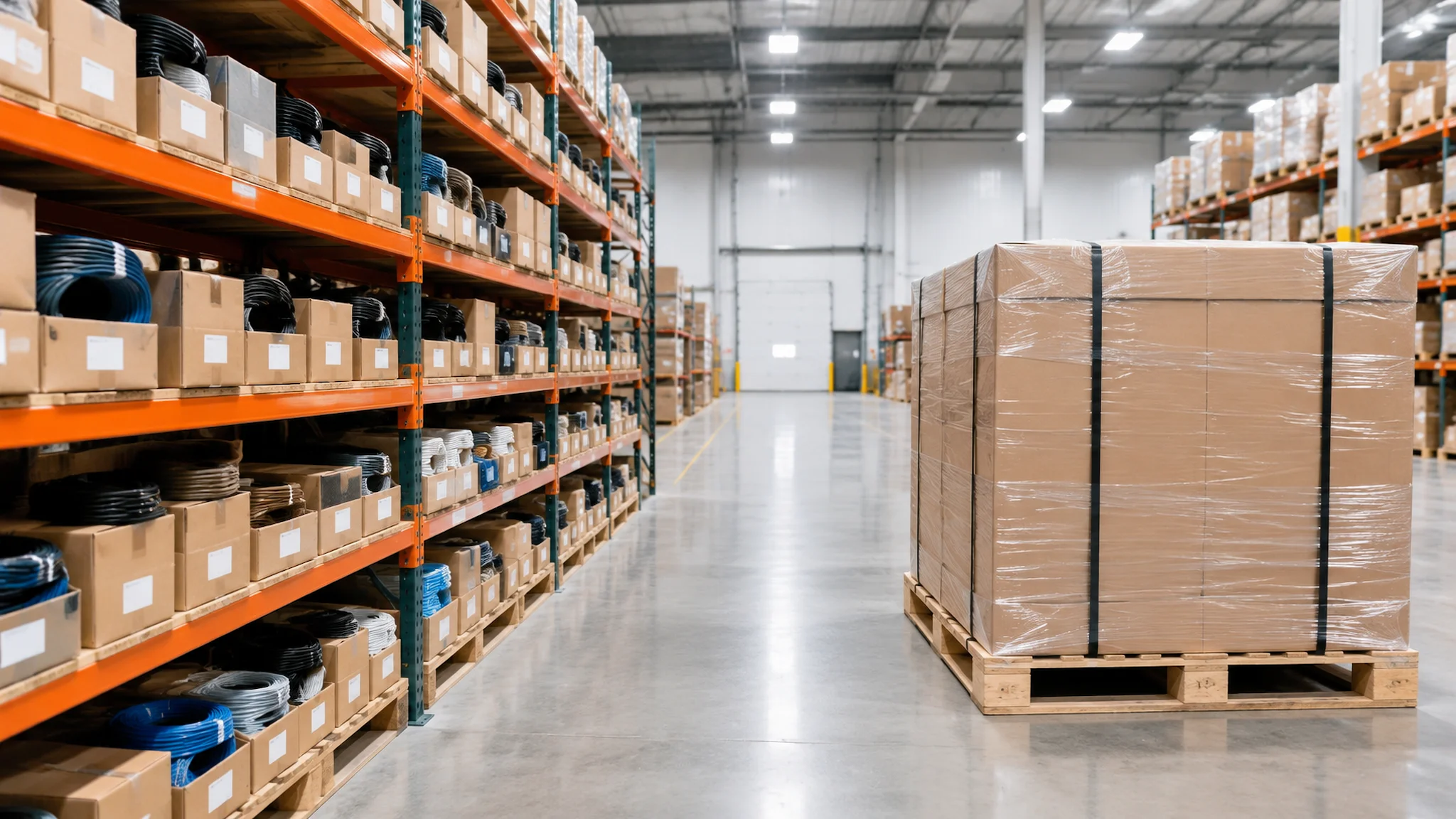 Warehouse aisle comparing many individual cable cartons with one large labelled bundle carton