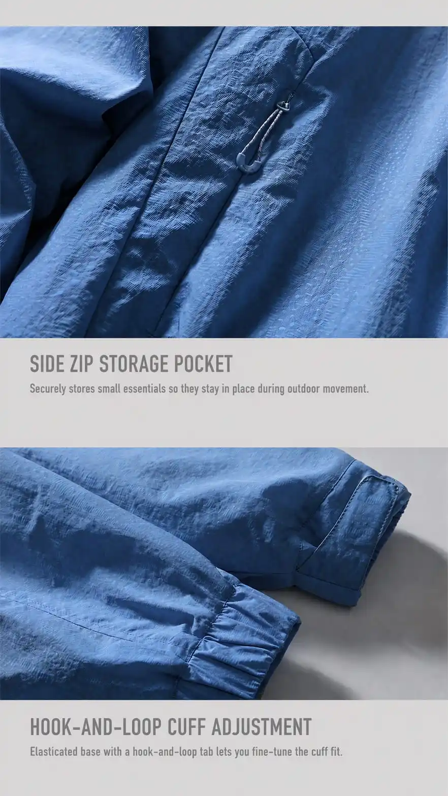 Side zip storage pocket and hook-and-loop cuff adjustment