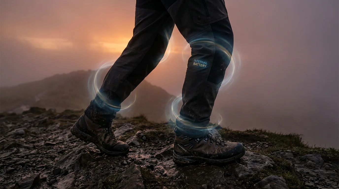 High-performance hiker on a misty mountain ridge at sunset, representing Kidney Qi flow