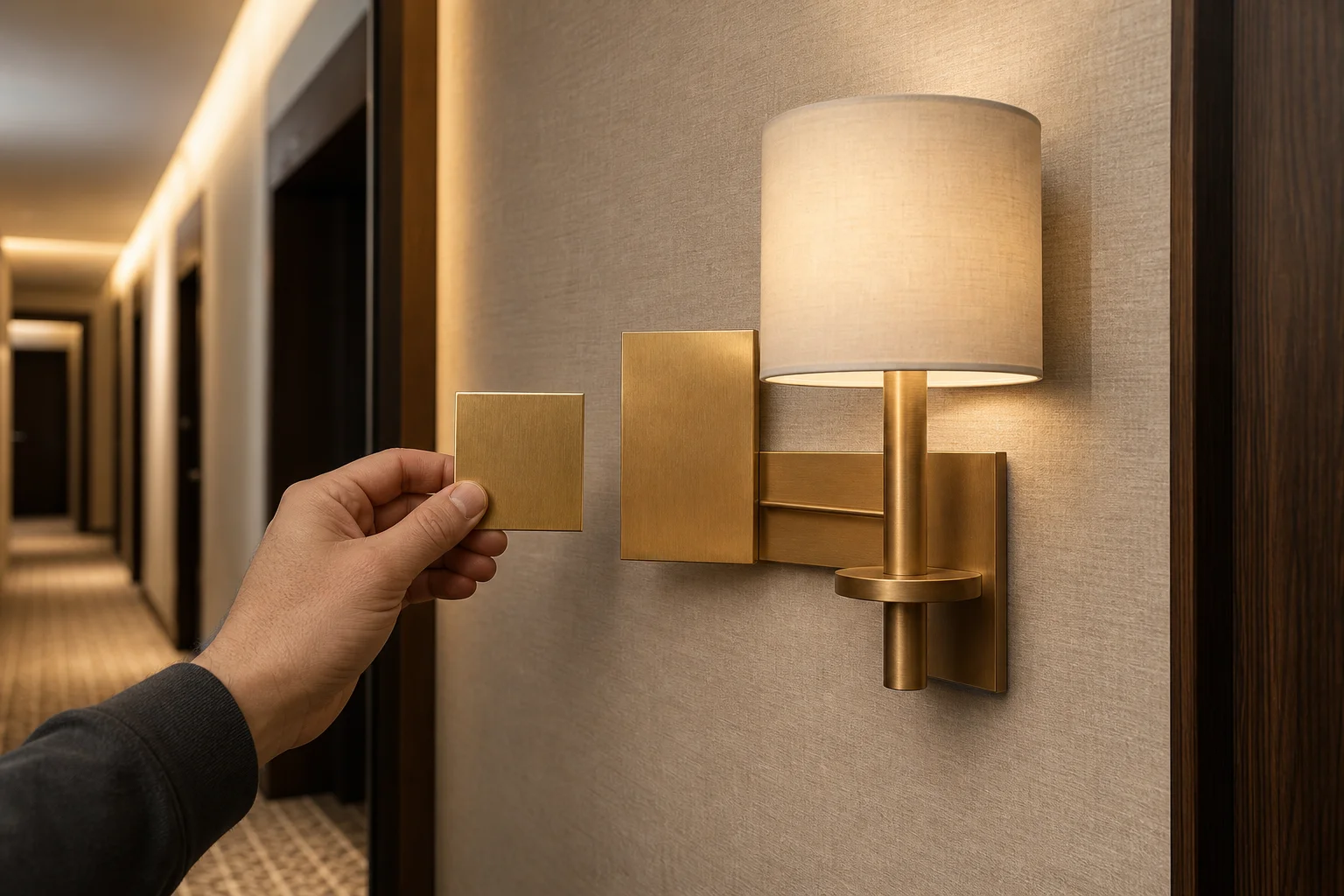 Brass finish sample held against a mounted wall sconce in a finished hotel corridor