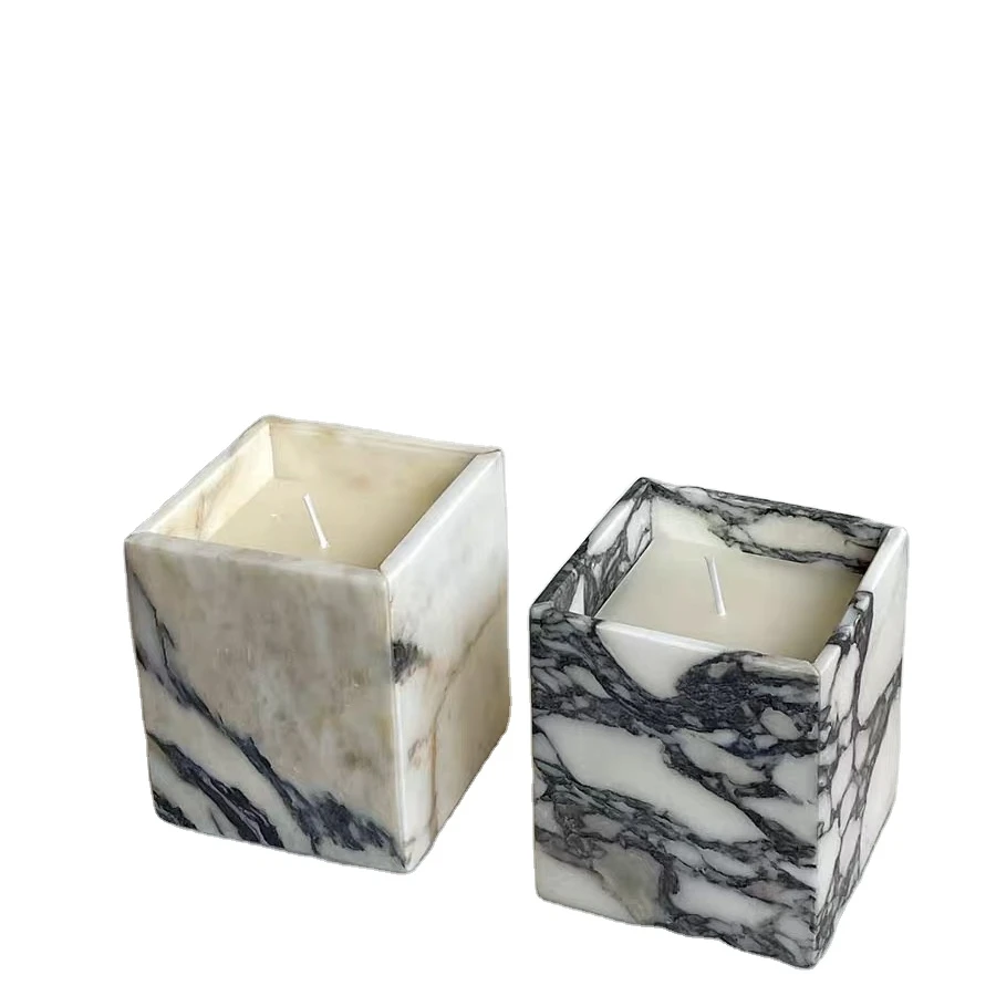 

Customized Size Hot Selling Christmas marble candle jars holder Wedding Calacatta Viola Marble Square Votive Candle Holder