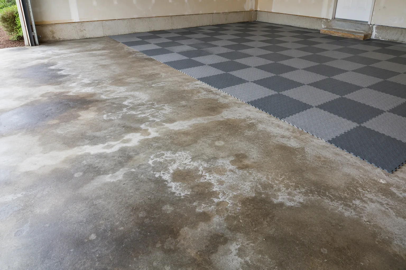 Damp patches and salt staining on a concrete garage slab with interlocking garage floor tiles laid over part of it
