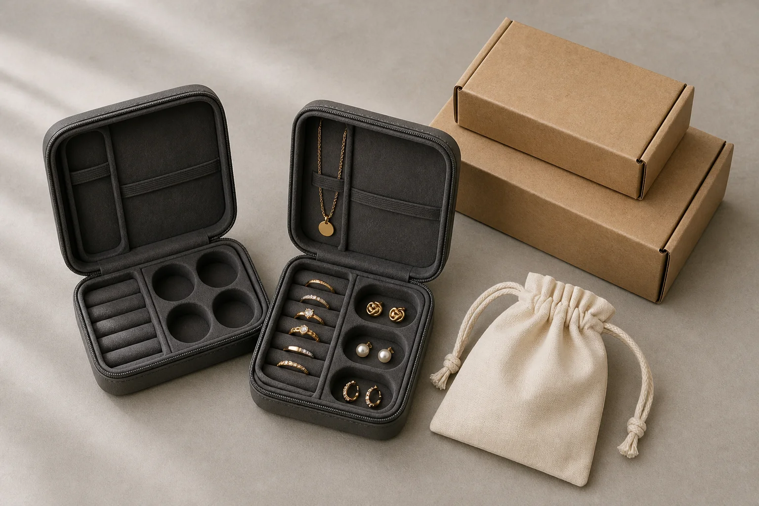 Overhead flat lay on a neutral warm-grey studio surface: two open rigid zip travel cases with charcoal flocked interiors, the left one empty showing its ring slots, round wells and lid retention bands, the right one holding a fine chain necklace in its channel, rings seated in slots and pairs of studs, pearls and hoops in the round wells, beside a cream cotton drawstring travel pouch and two closed plain kraft shipping cartons