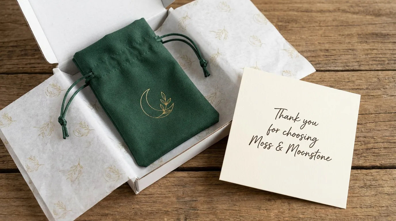 Finished product showcase of the Moss & Moonstone custom forest green packaging set.