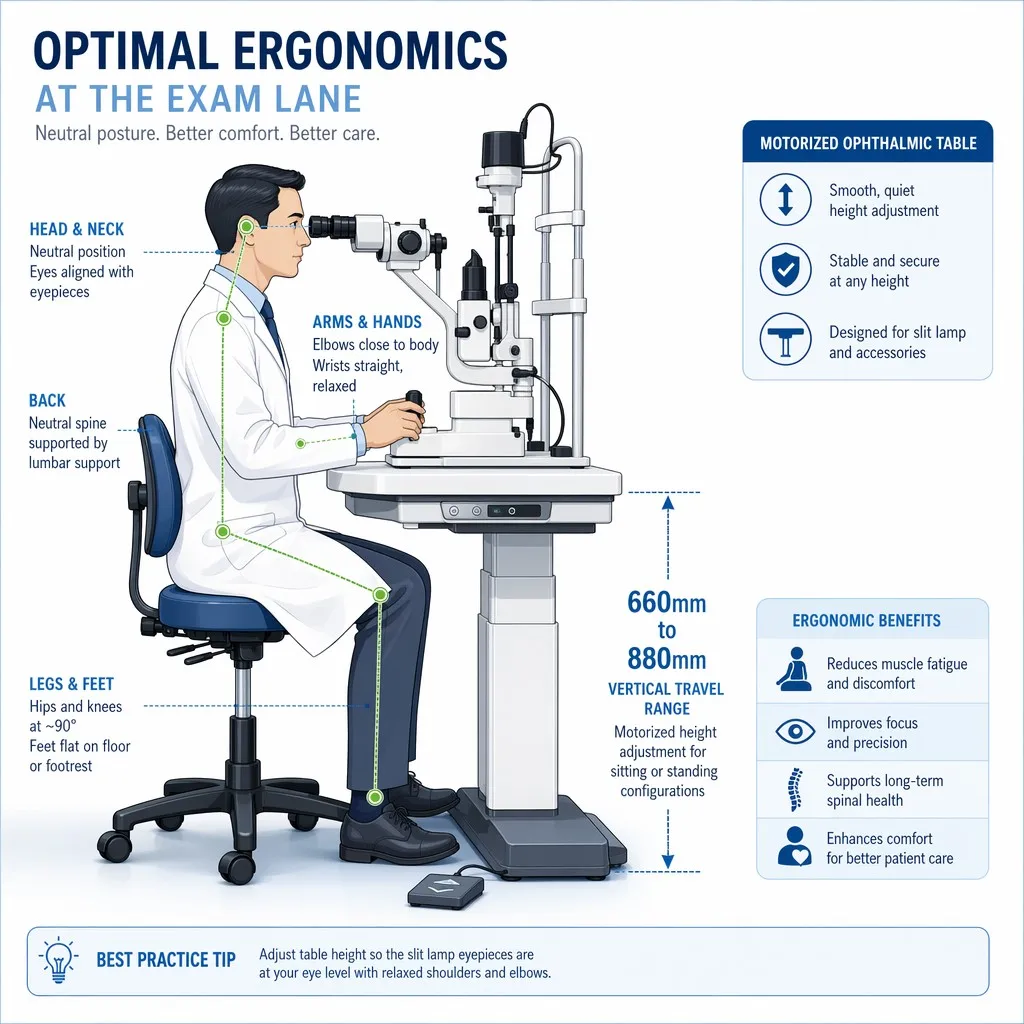 Proper ophthalmologist ergonomics with neutral spine posture and 660-880mm travel range