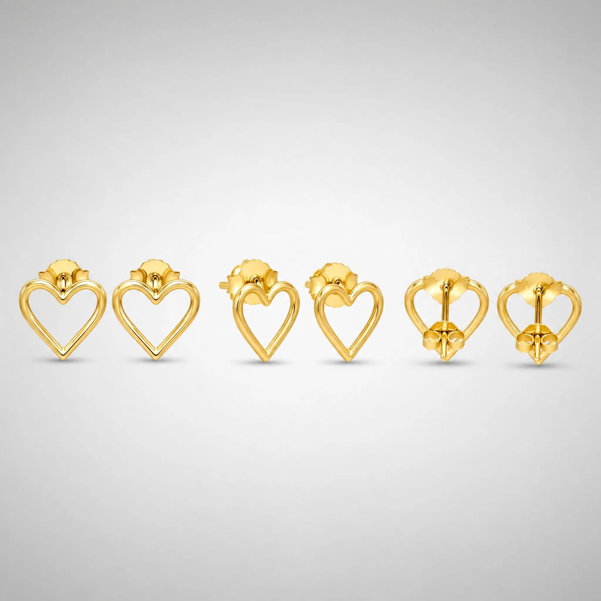 Gold heart stud earrings multi-angle view