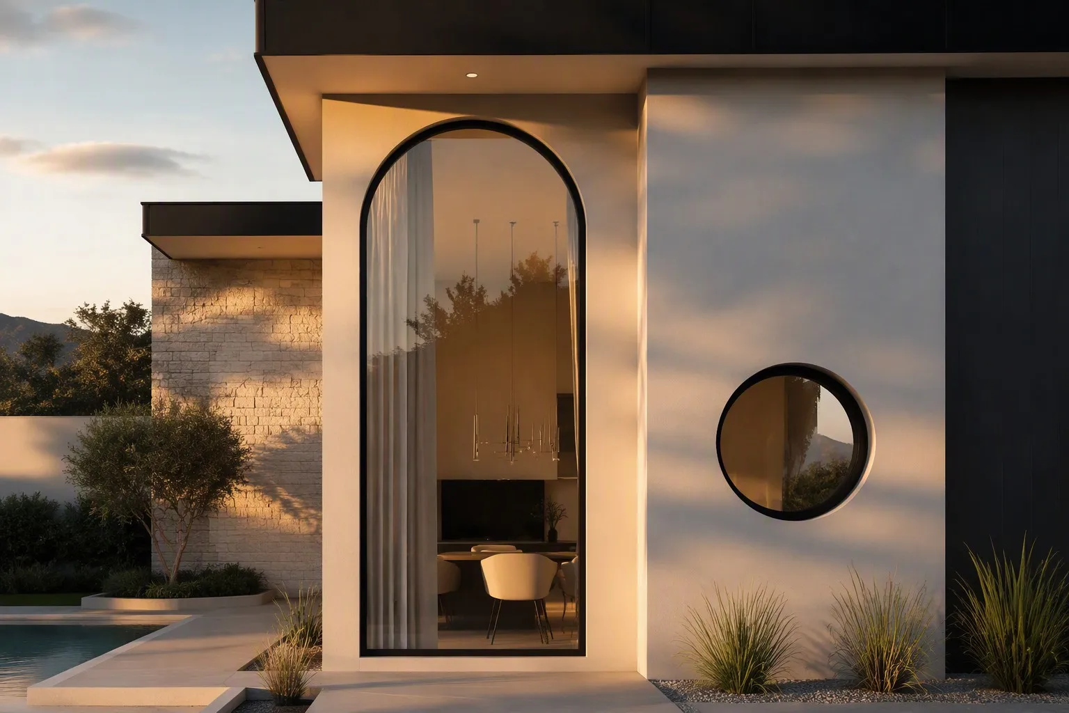 Luxury modern villa with arched and circular aluminum specialty windows unique facade golden hour