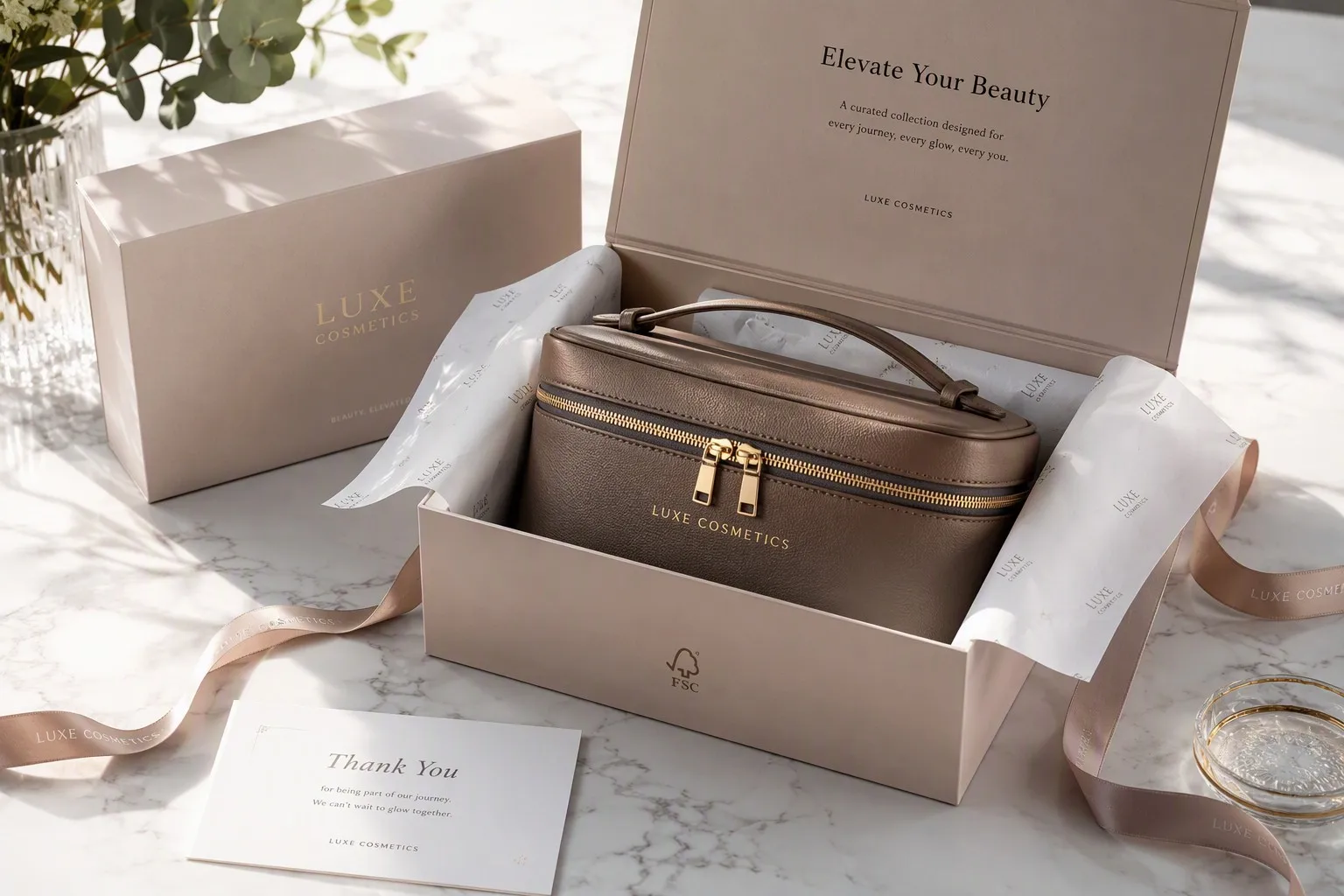Luxury cosmetic bag gift set with FSC-certified magnetic box, tissue paper, and ribbon on white marble