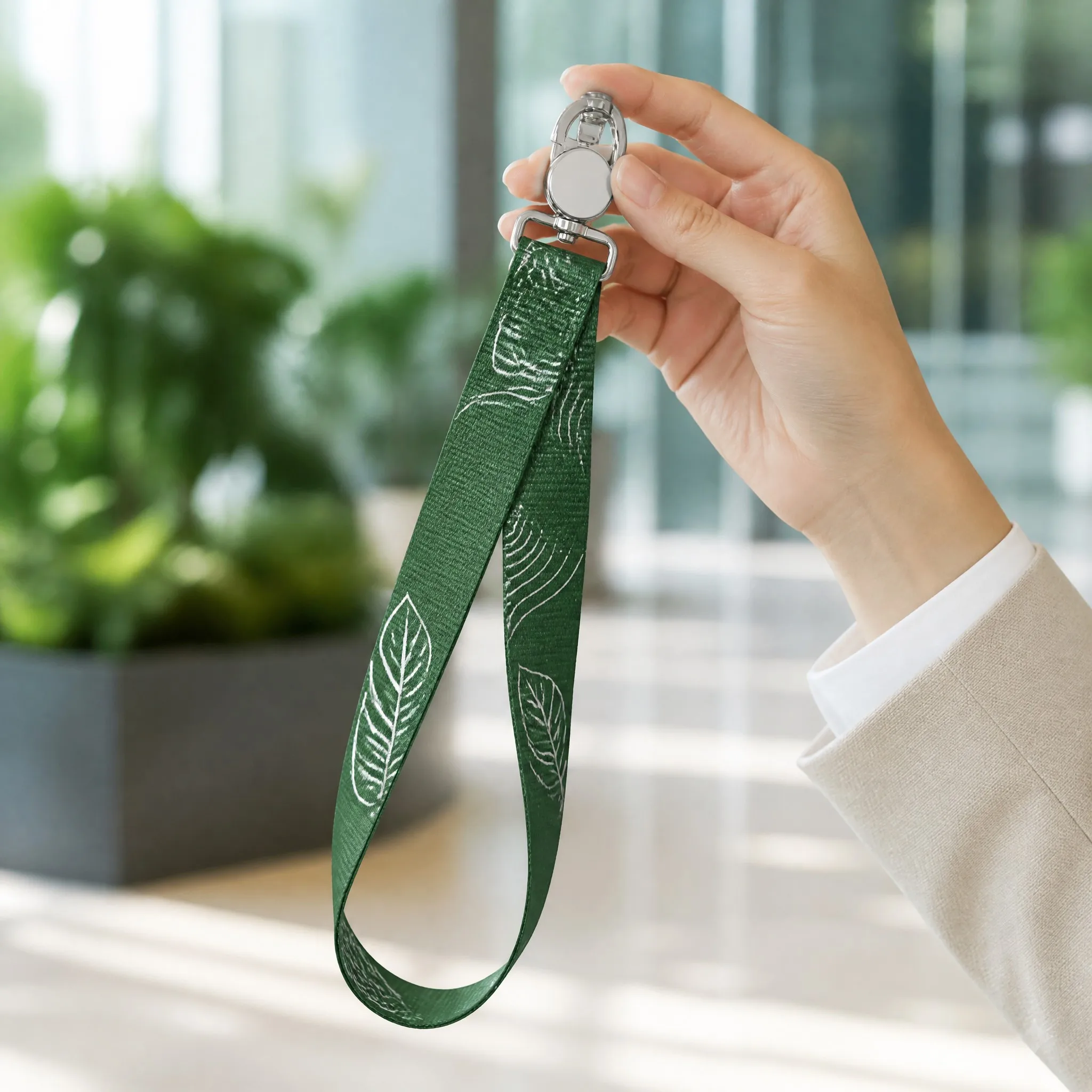 Hand holding recycled PET lanyard by the magnetic clip in a green office lobby